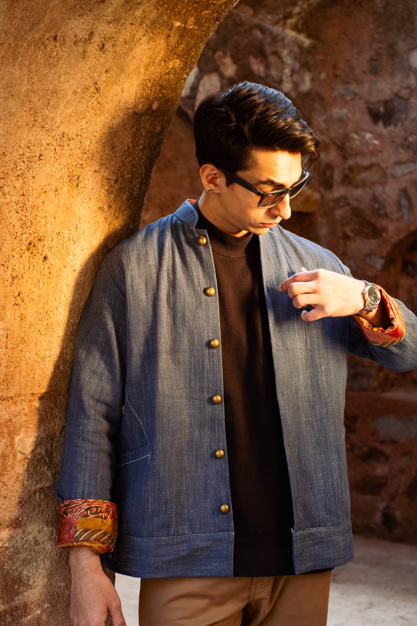Baya Mandarin Collar Khadi Denim Jacket