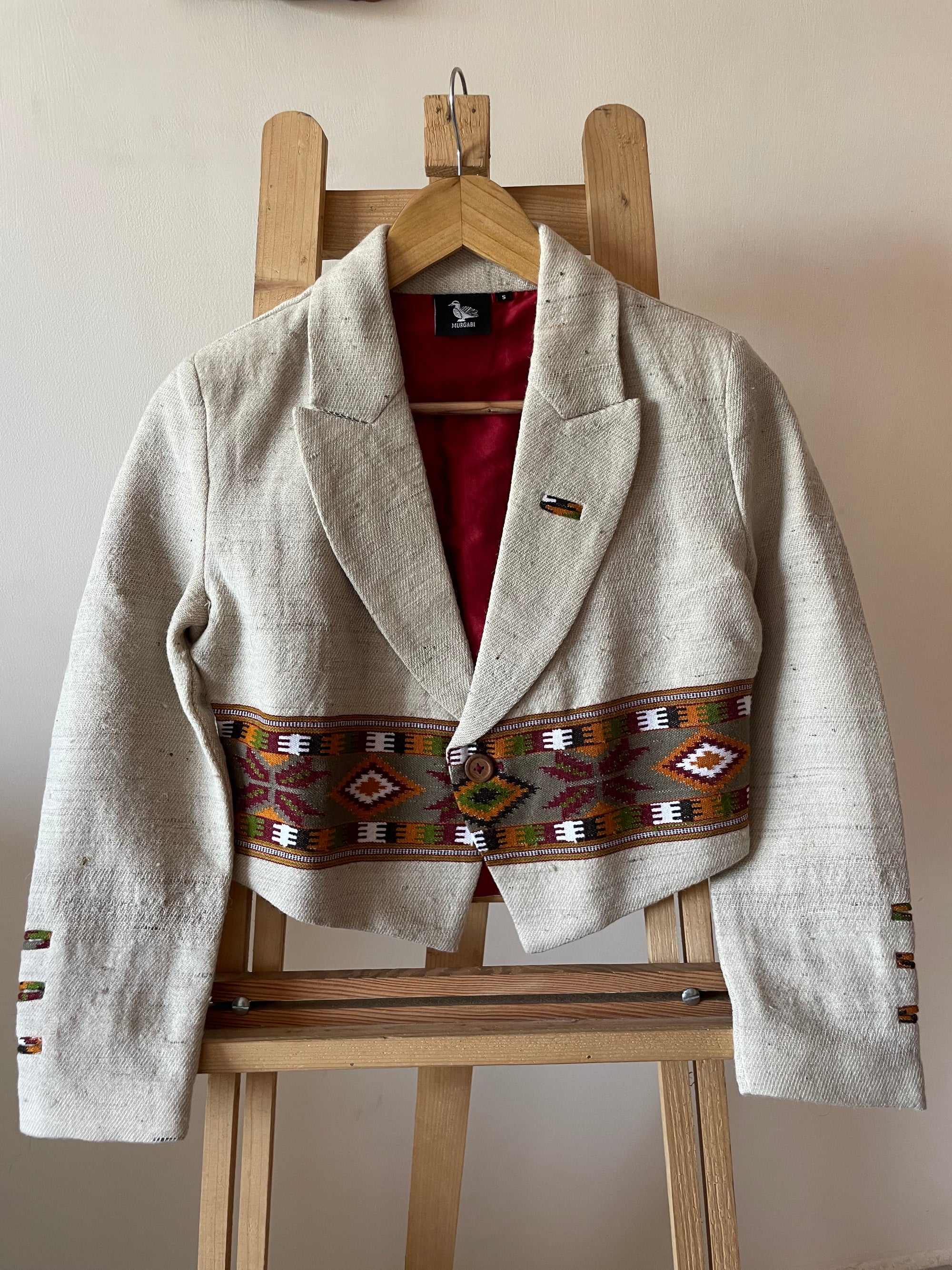 Monal Cropped Suit Handloom Jacket ~ Cream