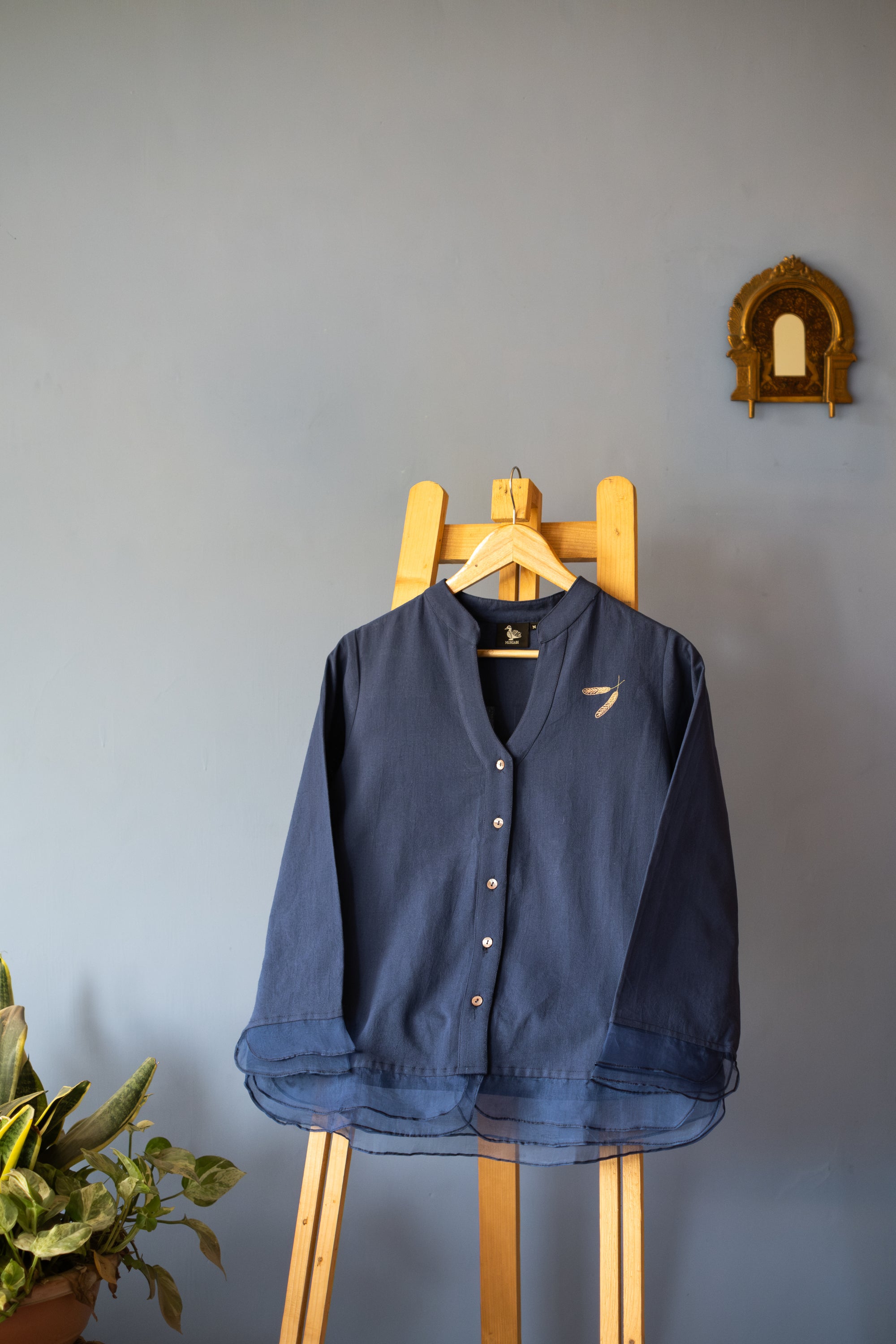 Embroidered Heron Organic Cotton Button Down Top ~ Blue