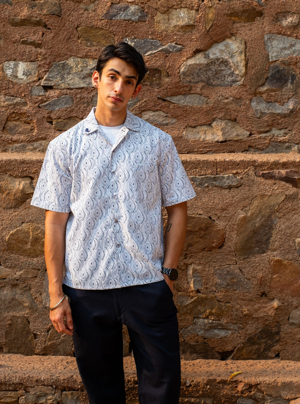 Printed Organic Cotton Bush Shirt ~ Blue Dots
