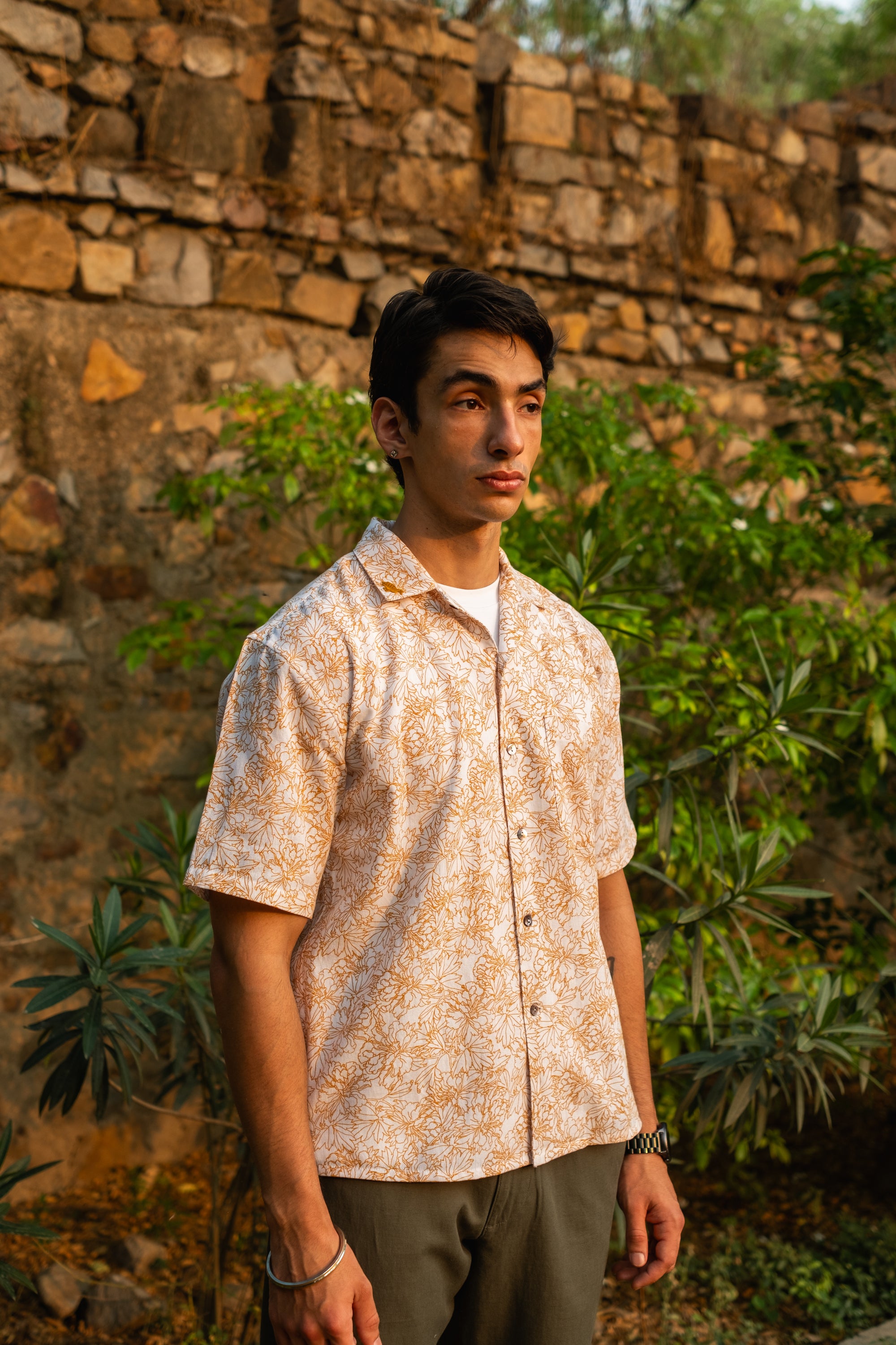 Printed Organic Cotton Bush Shirt ~ Mustard
