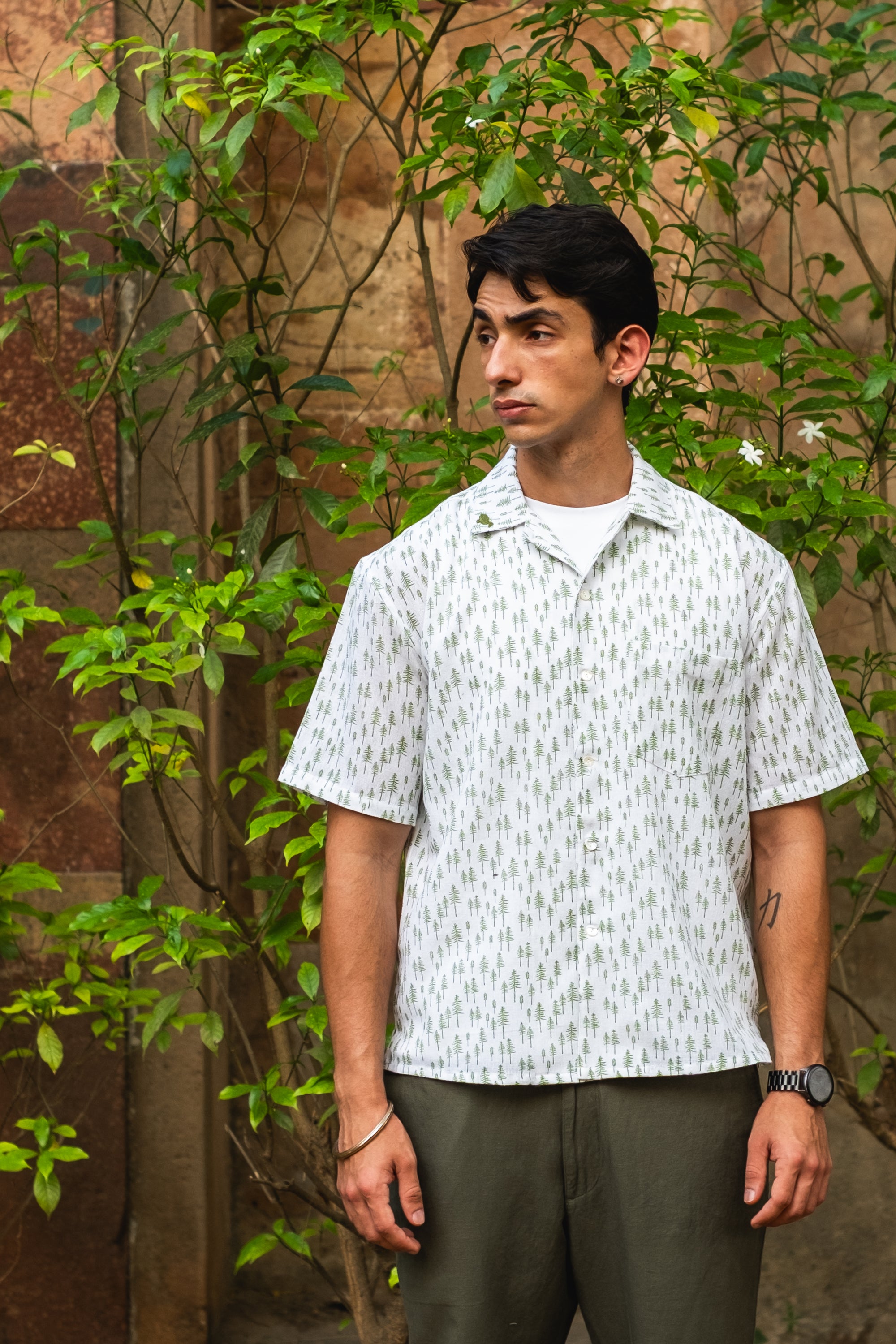 Printed Organic Cotton Bush Shirt ~ Green Tree