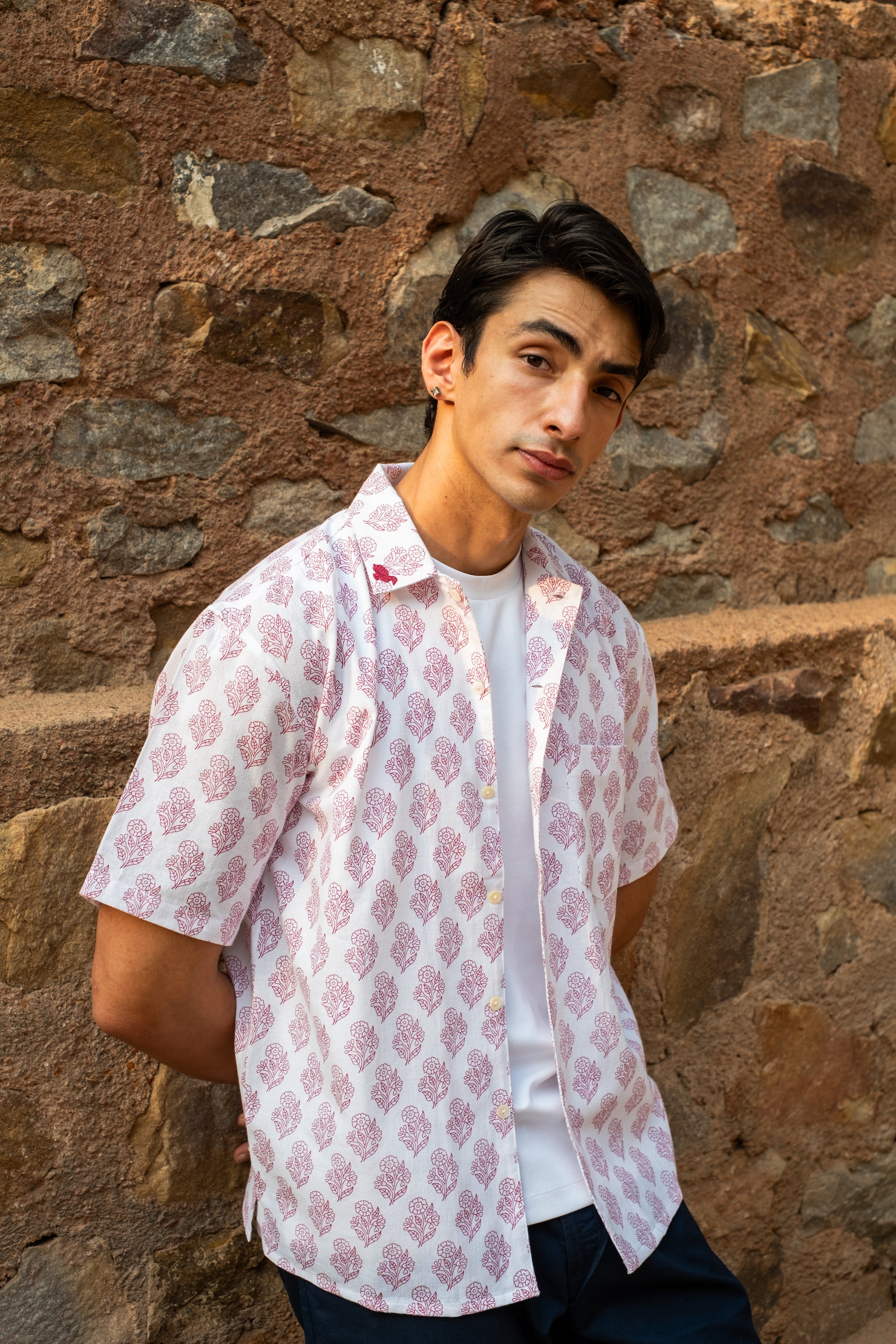 Printed Organic Cotton Bush Shirt ~ Pink