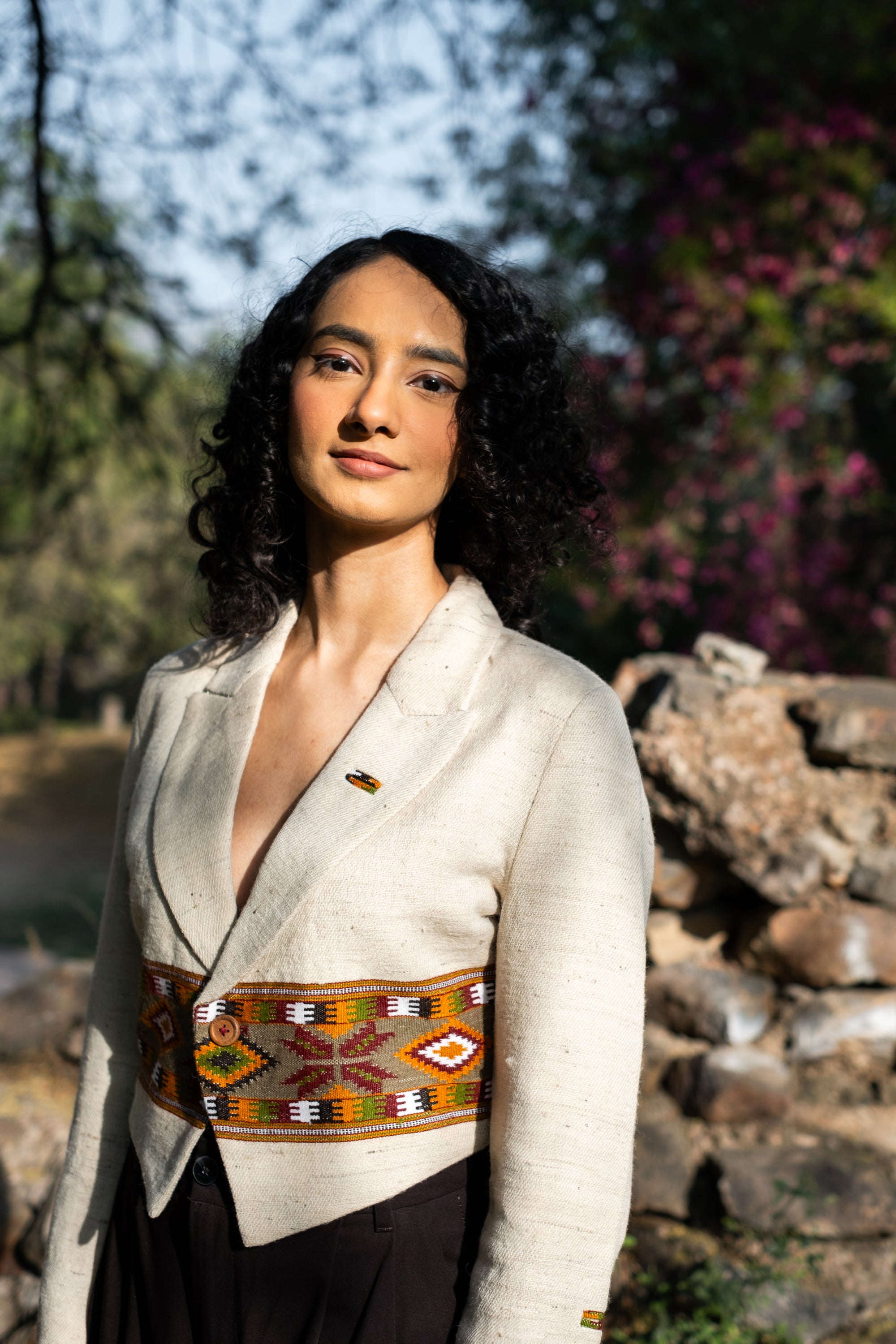 Monal Cropped Suit Handloom Jacket ~ Cream