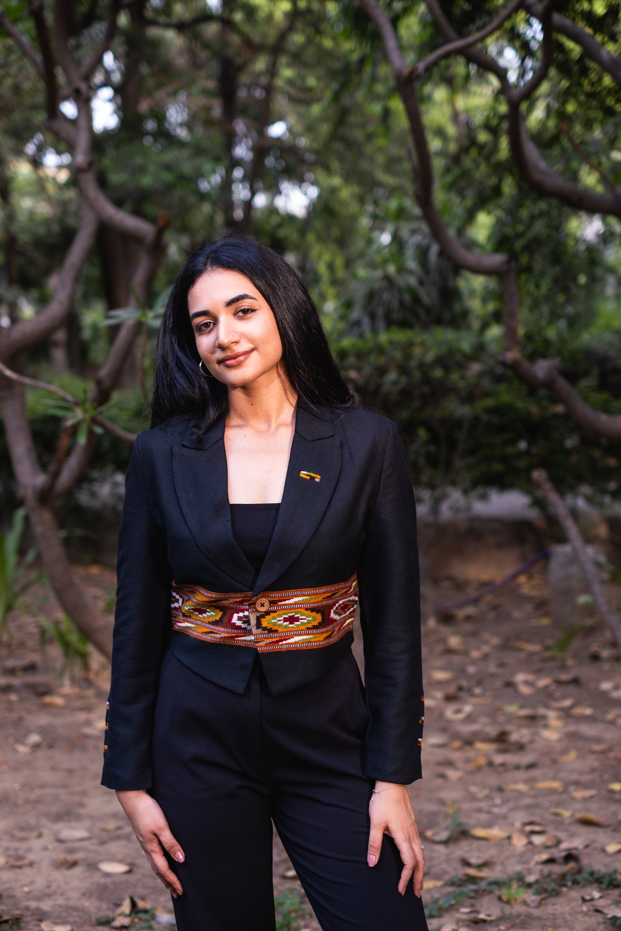 Monal Cropped Suit Jacket ~ Black with Brown Border