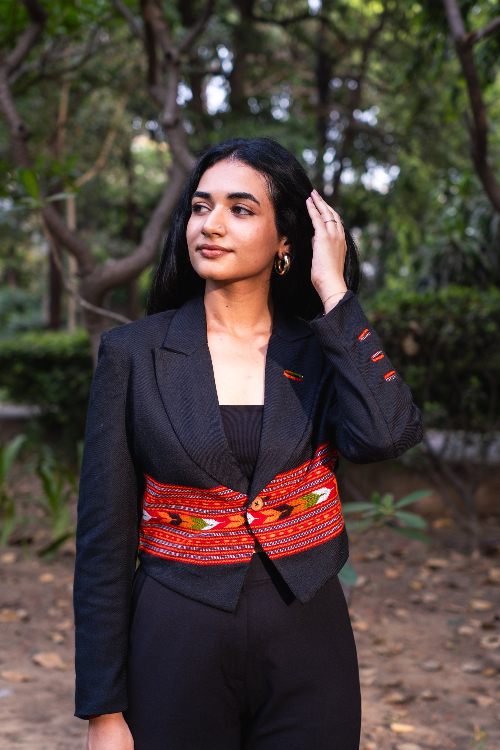 Monal Cropped Suit Jacket ~ Black with Multicoloured Border