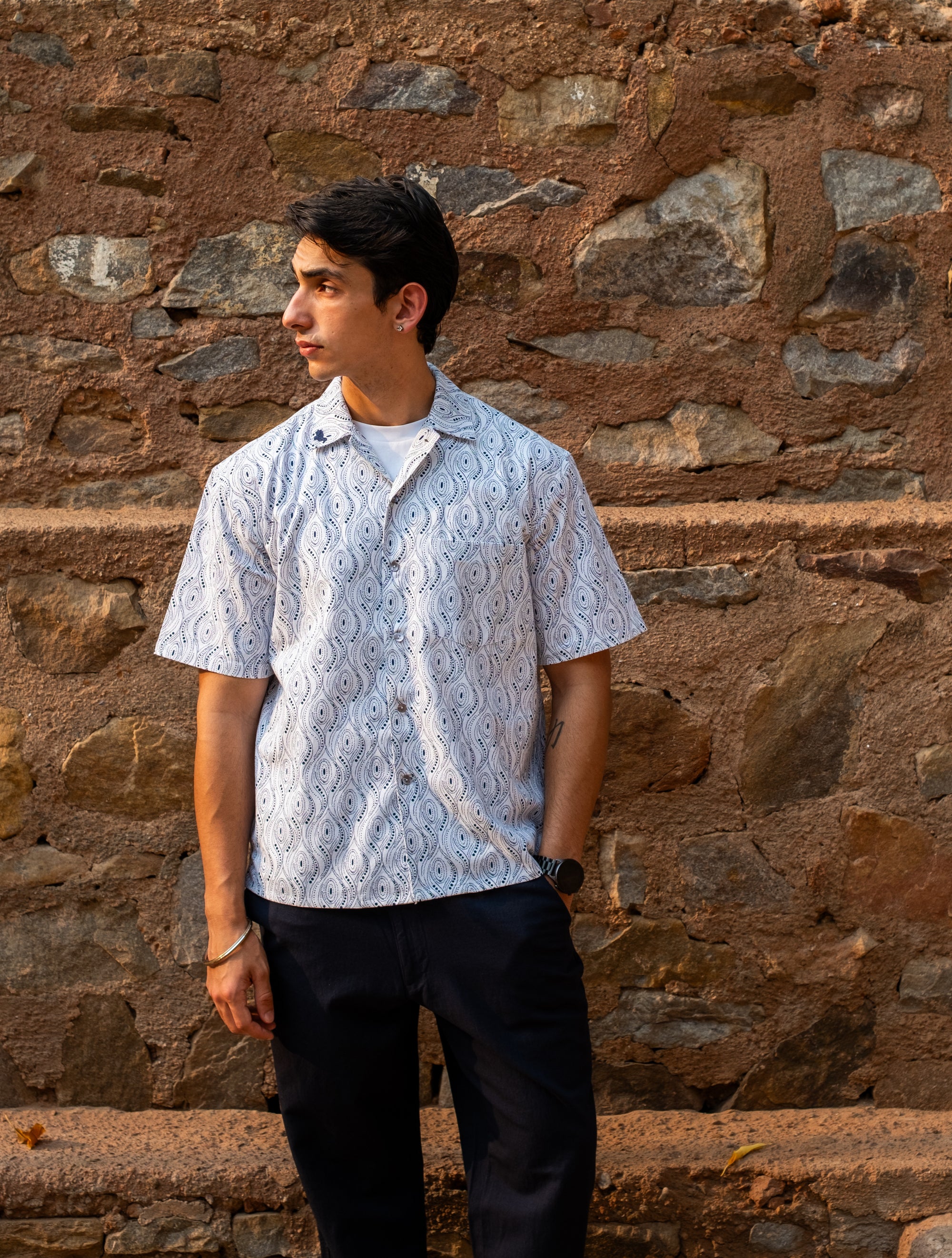 Printed Organic Cotton Bush Shirt ~ Blue Dots