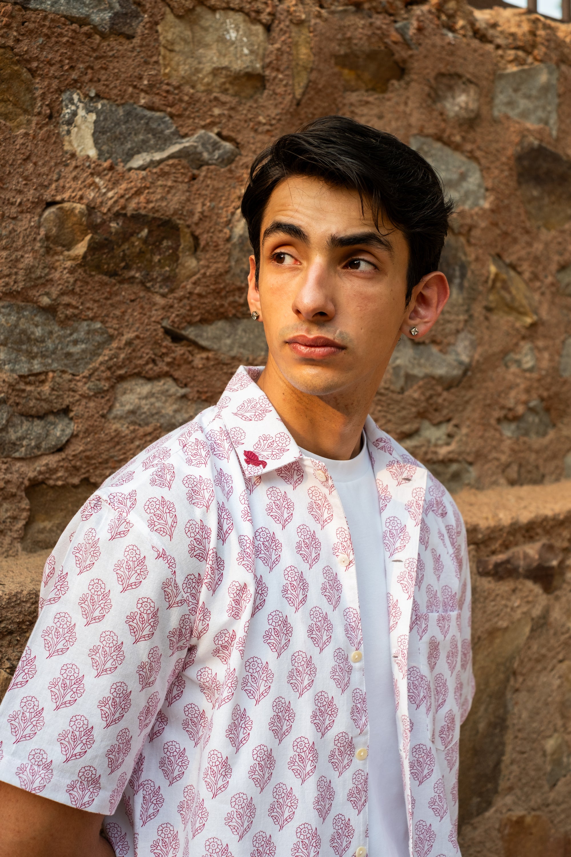 Printed Organic Cotton Bush Shirt ~ Pink