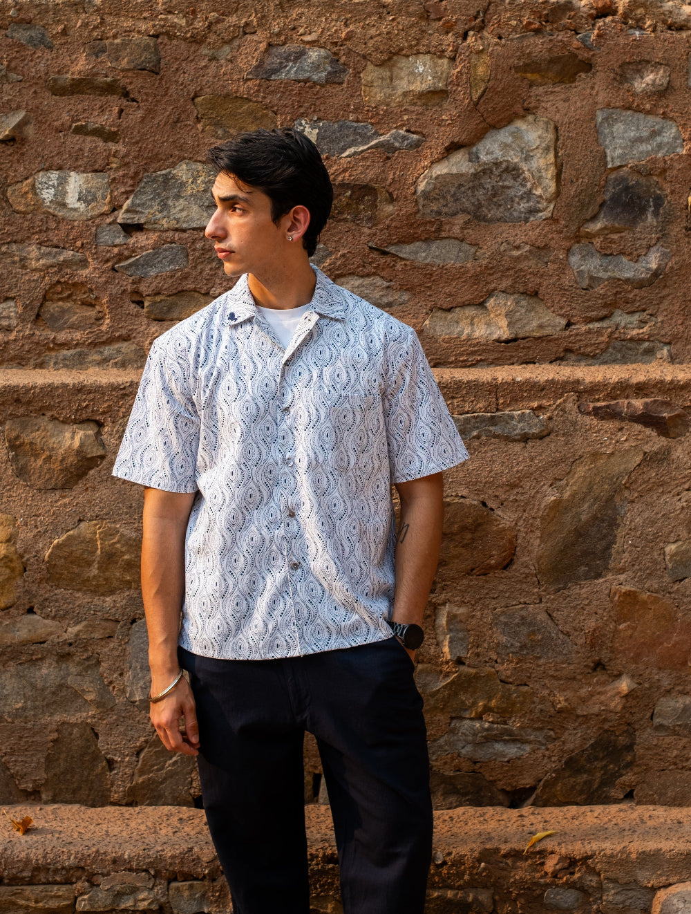 Printed Organic Cotton Bush Shirt ~ Blue Dots