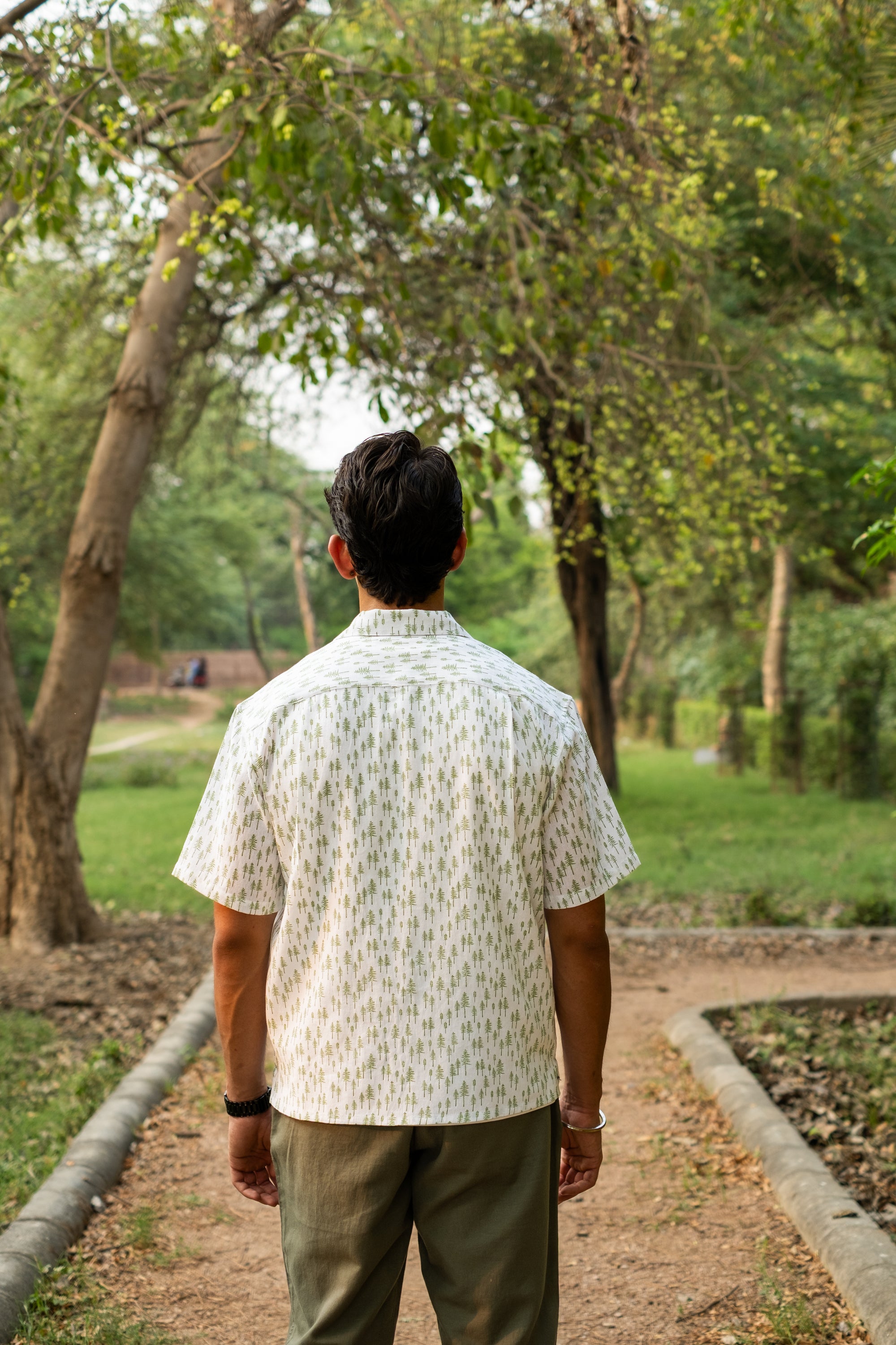 Printed Organic Cotton Bush Shirt ~ Green Tree