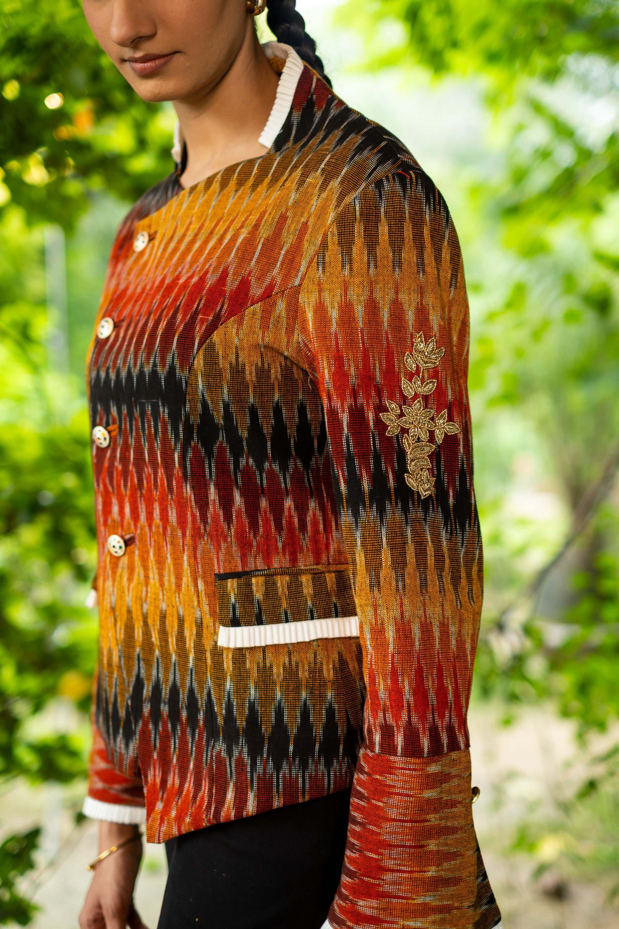 Koel Embroidered Ikat Jacket Black & Orange