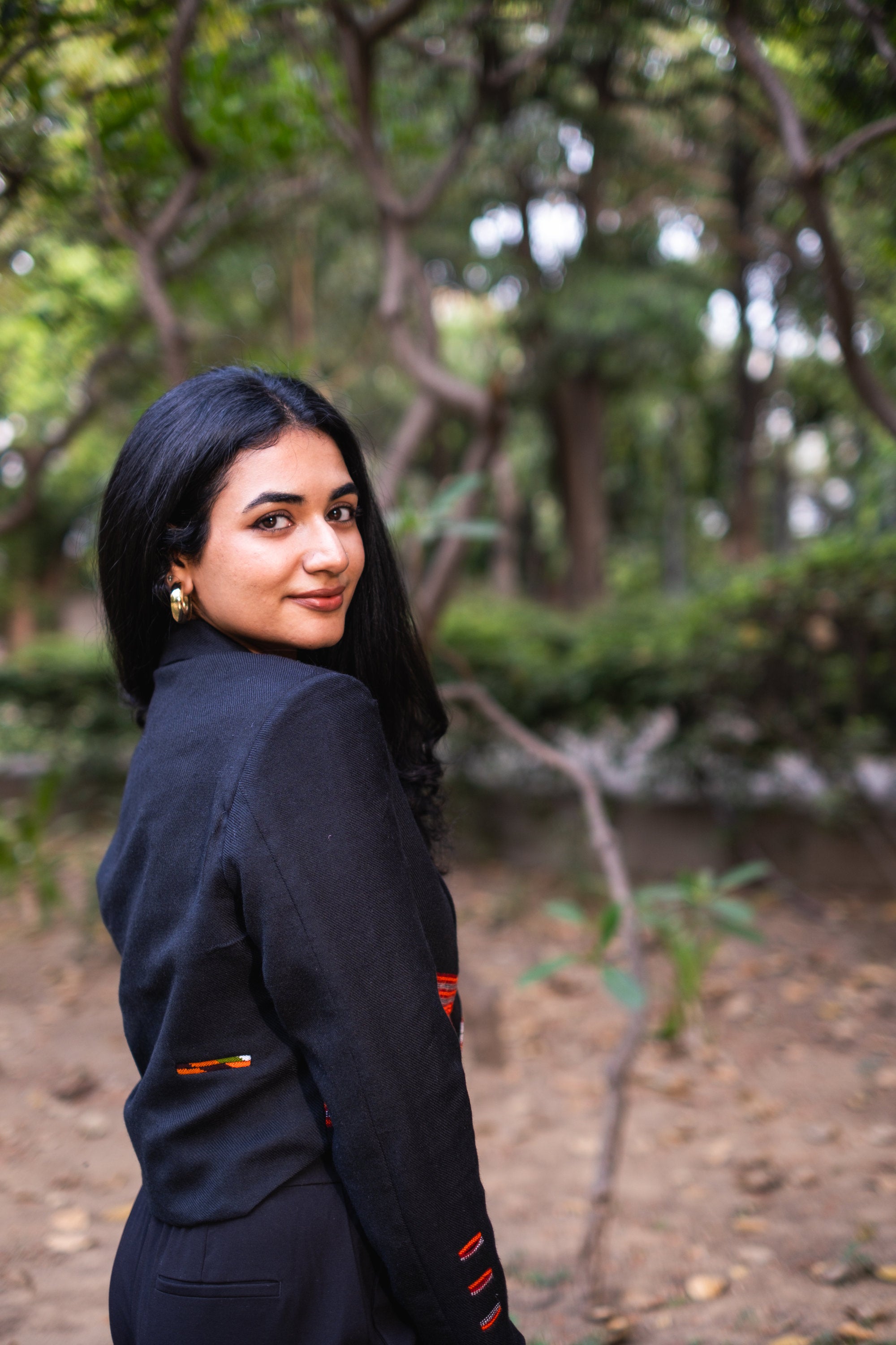 Monal Cropped Suit Jacket ~ Black with Multicoloured Border