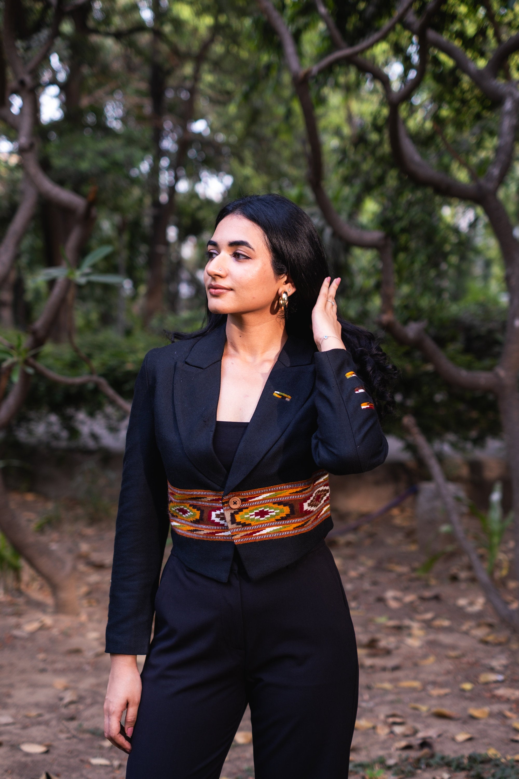 Monal Cropped Suit Jacket ~ Black with Brown Border