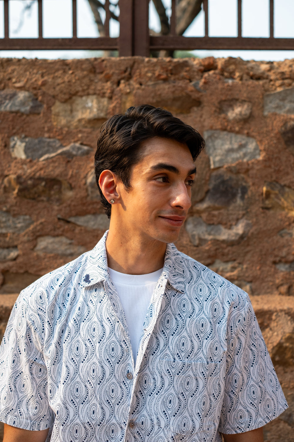 Printed Organic Cotton Bush Shirt ~ Blue Dots