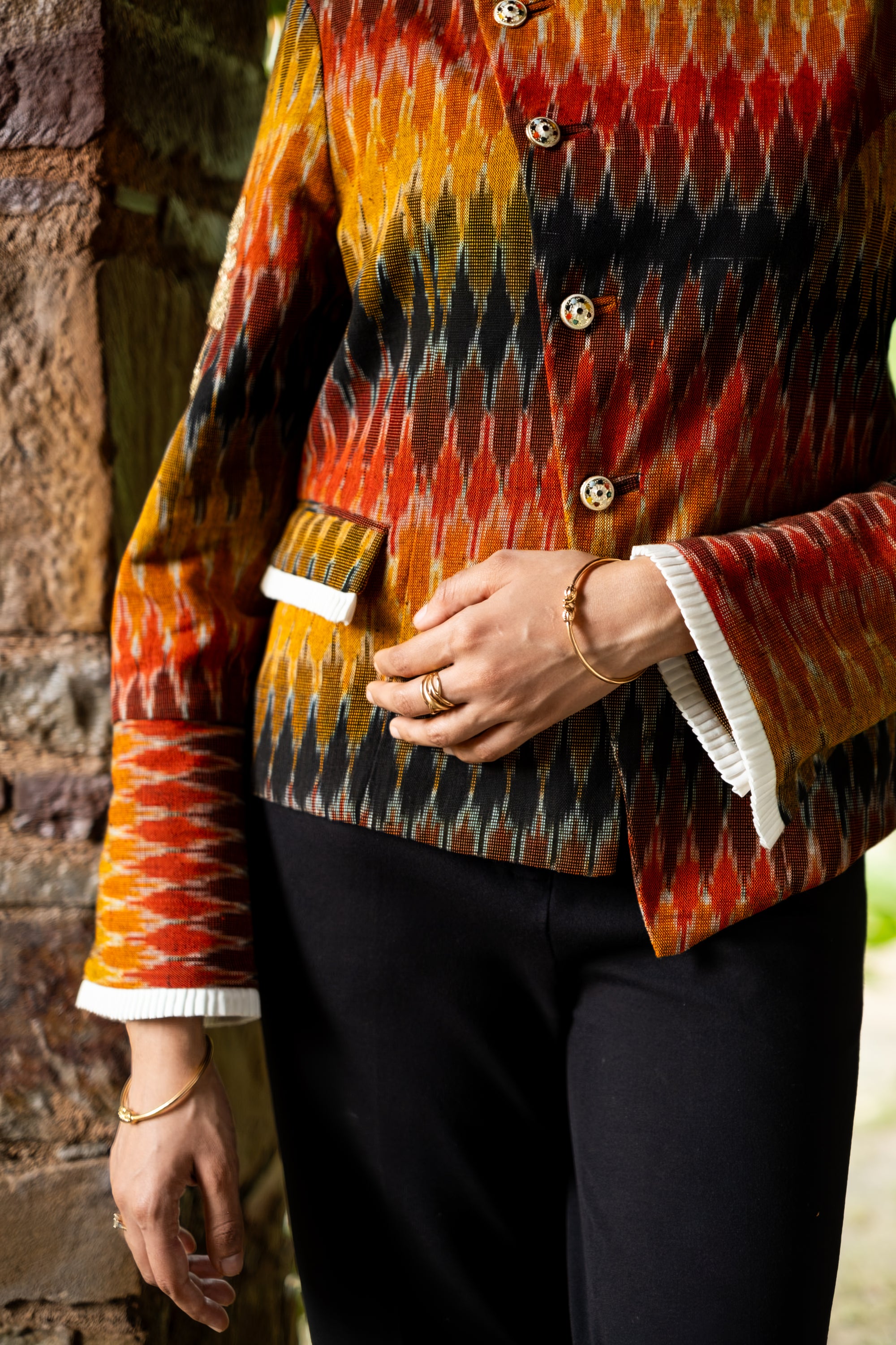 Koel Embroidered Ikat Jacket Black & Orange