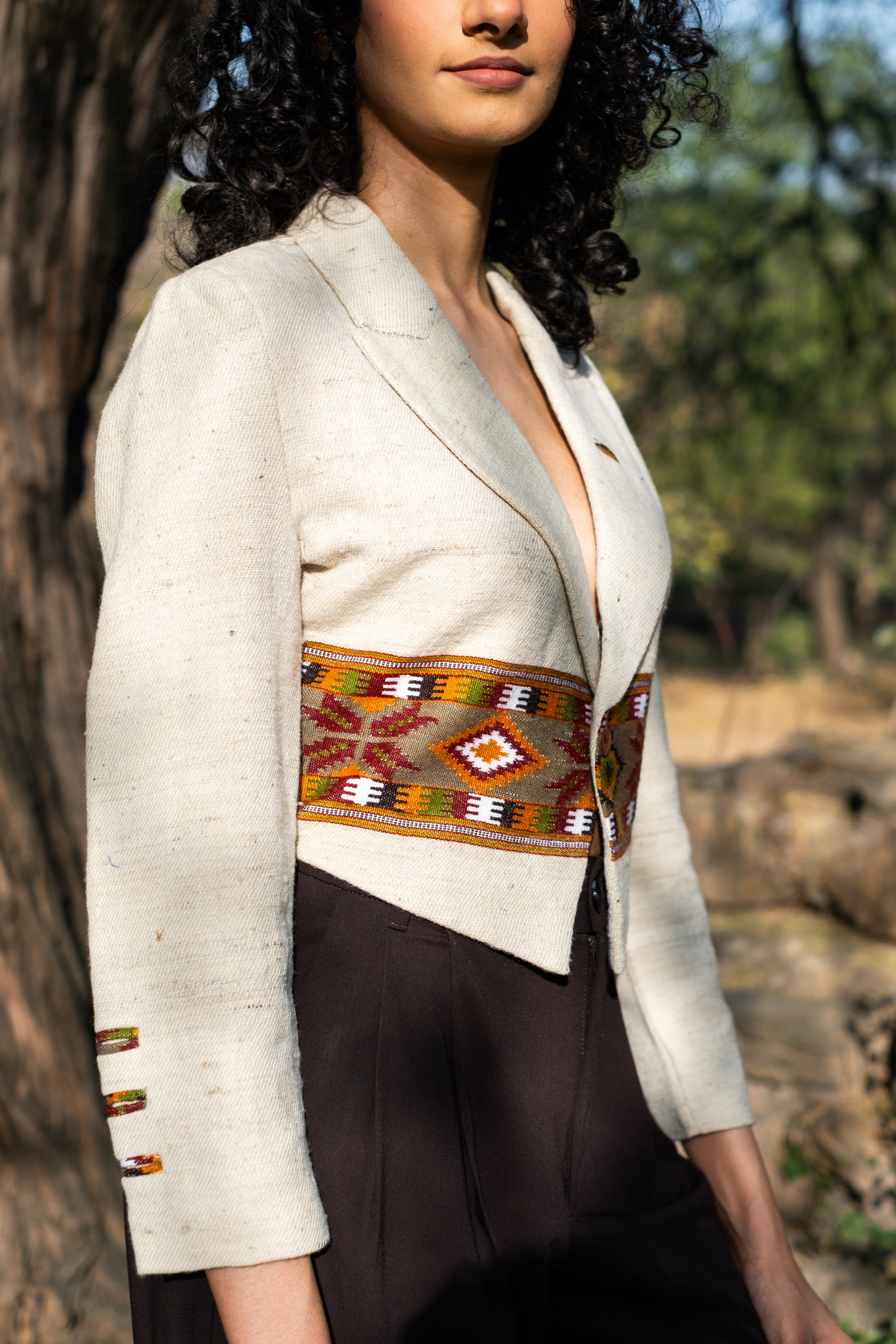 Monal Cropped Suit Handloom Jacket ~ Cream