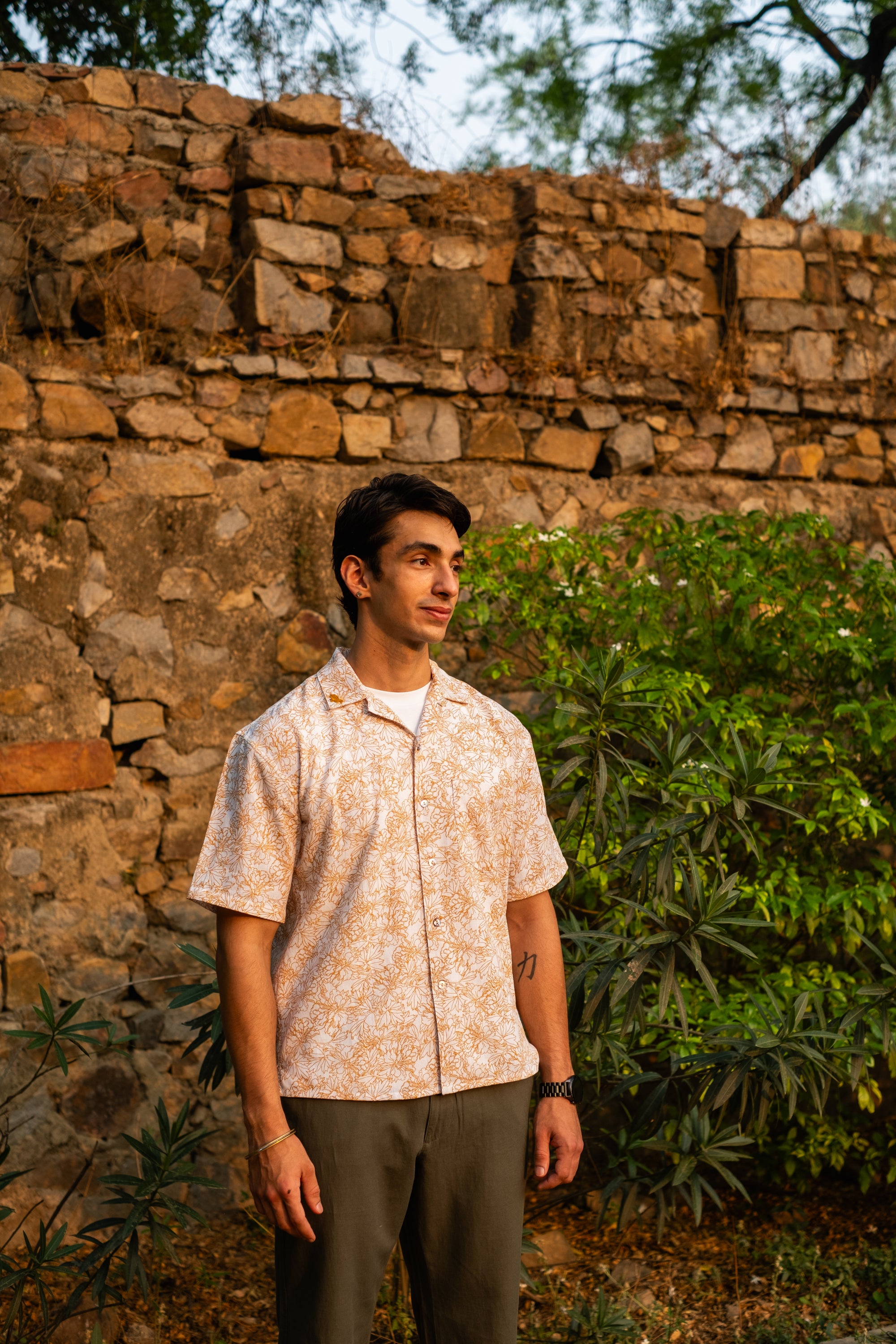 Printed Organic Cotton Bush Shirt ~ Mustard