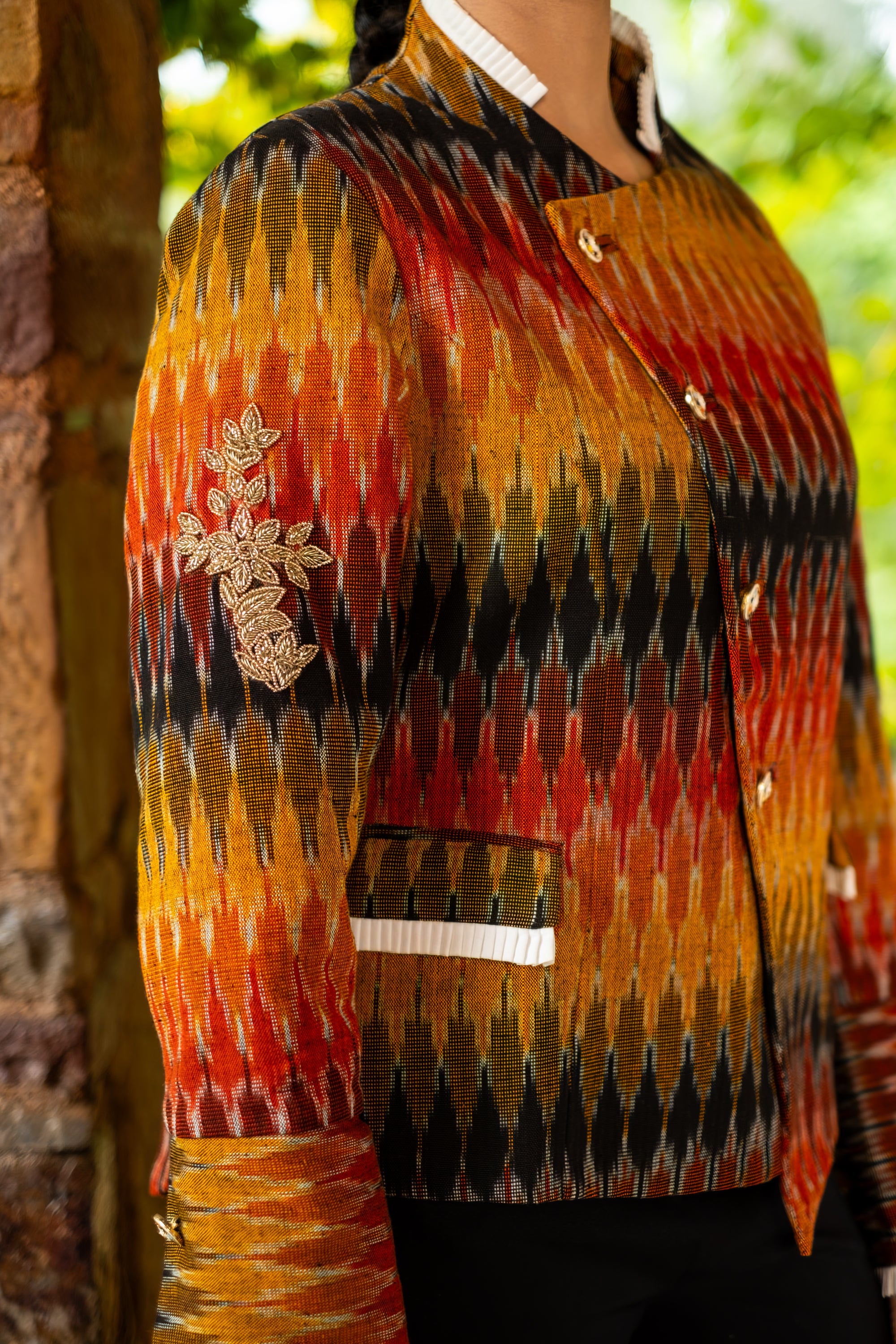 Koel Embroidered Ikat Jacket Black & Orange