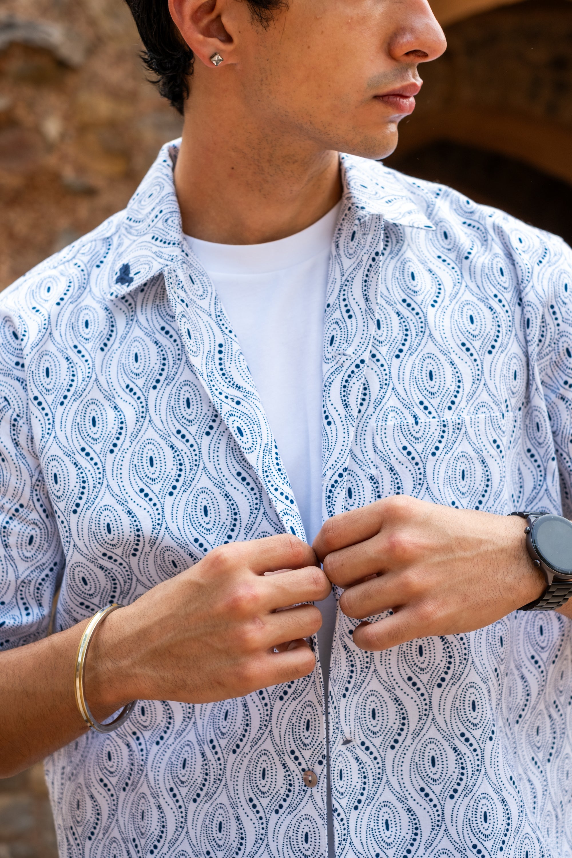 Printed Organic Cotton Bush Shirt ~ Blue Dots