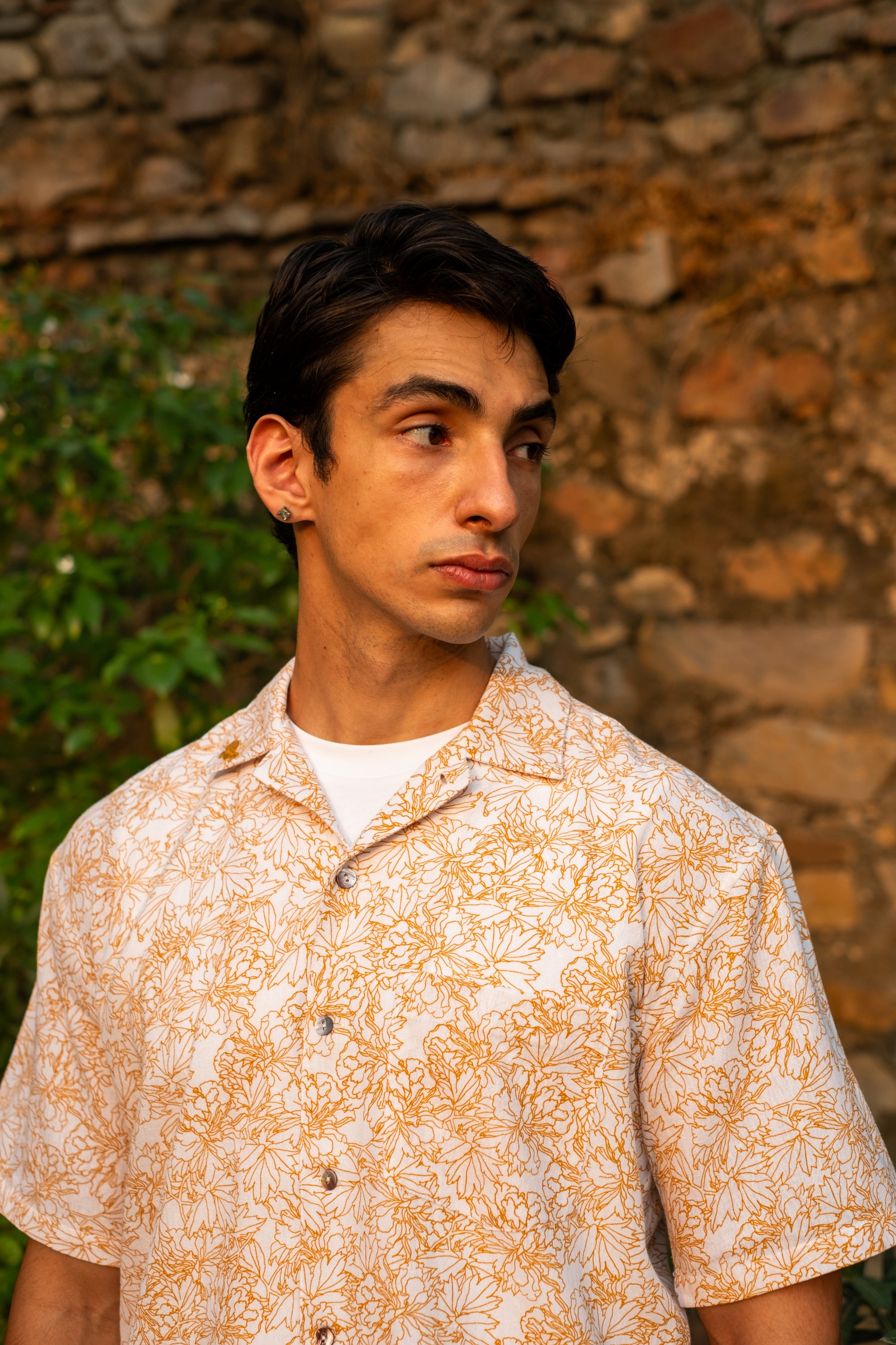 Printed Organic Cotton Bush Shirt ~ Mustard