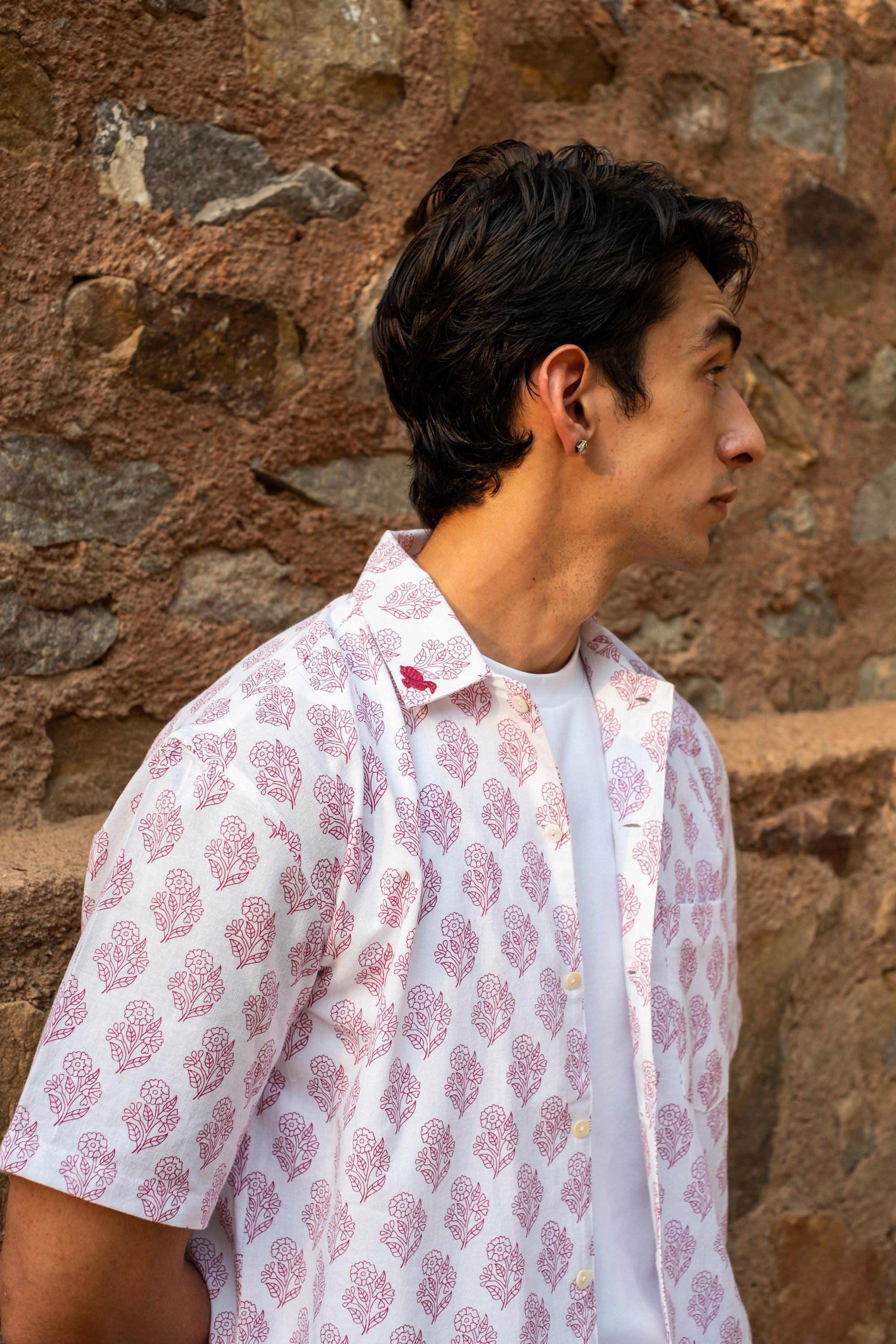 Printed Organic Cotton Bush Shirt ~ Pink