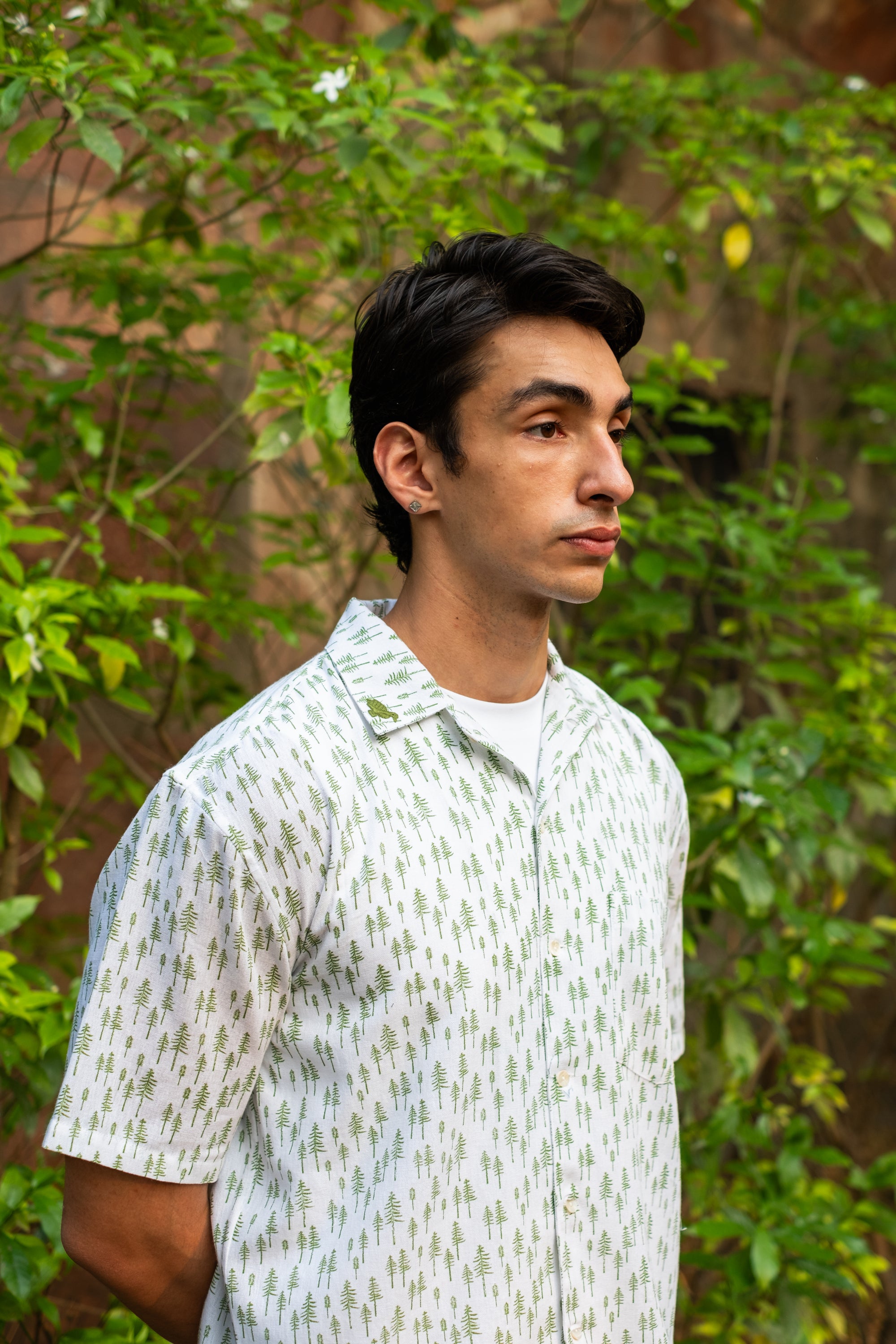 Printed Organic Cotton Bush Shirt ~ Green Tree