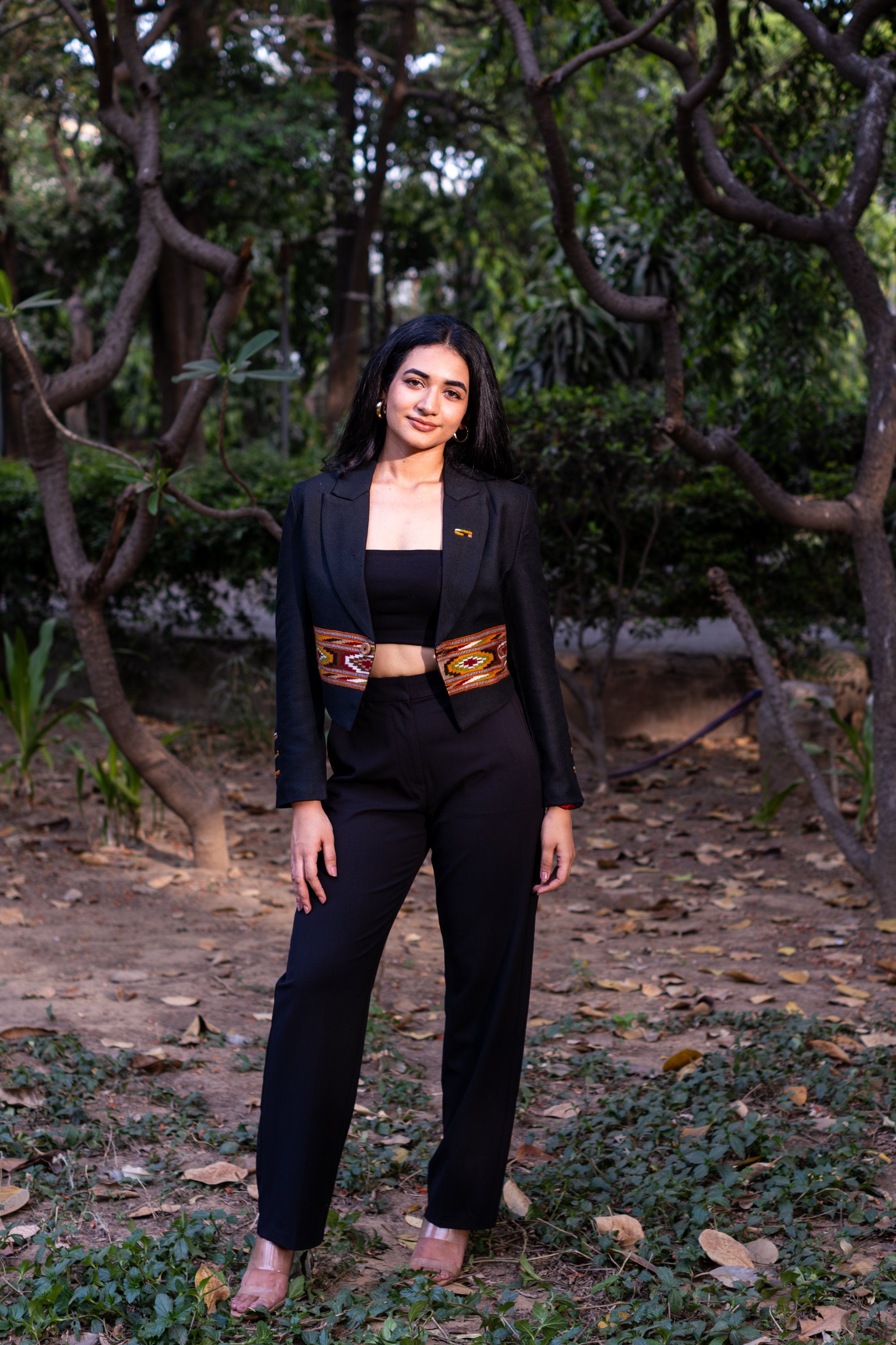 Monal Cropped Suit Jacket ~ Black with Brown Border