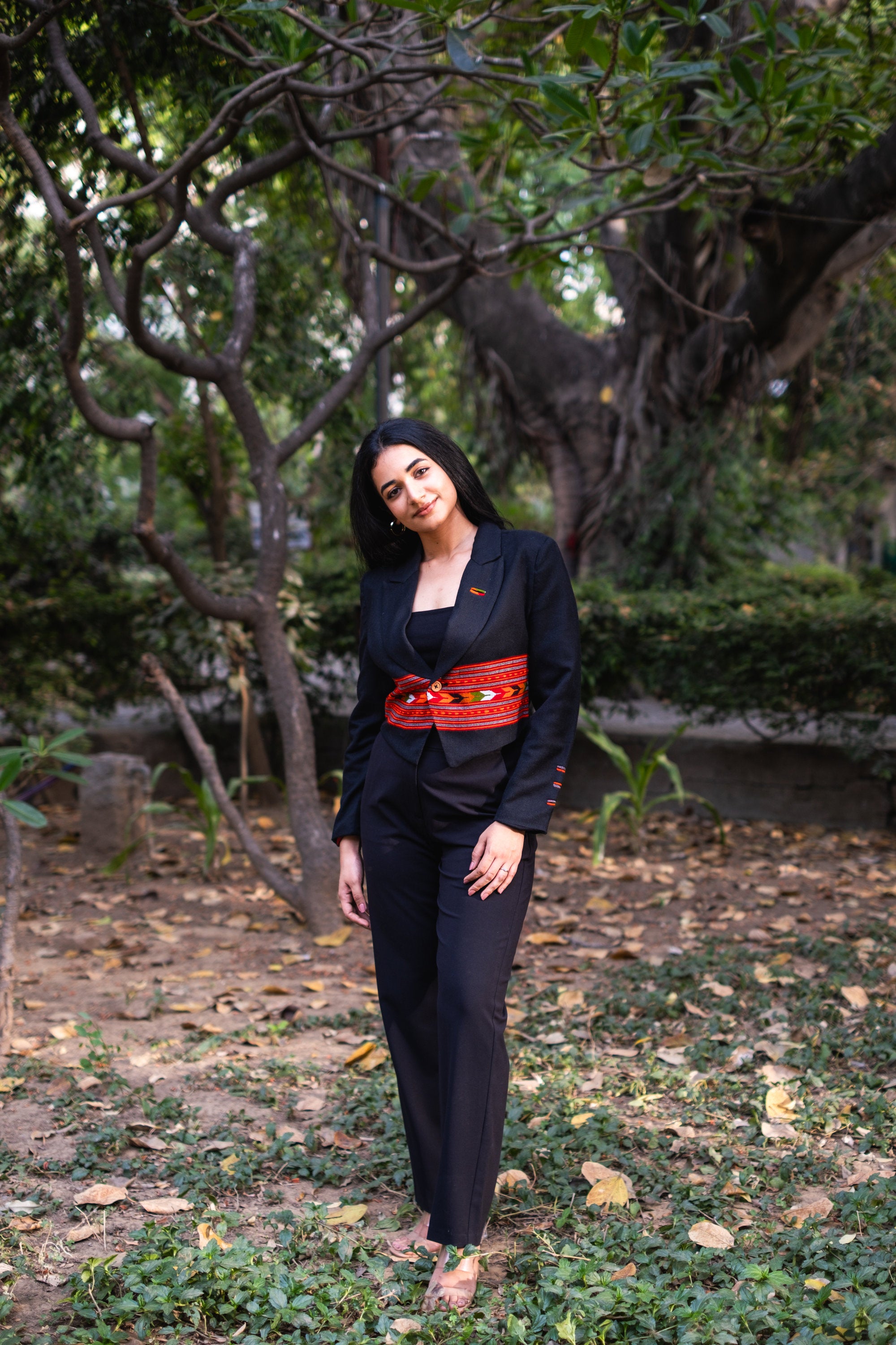 Monal Cropped Suit Jacket ~ Black with Multicoloured Border