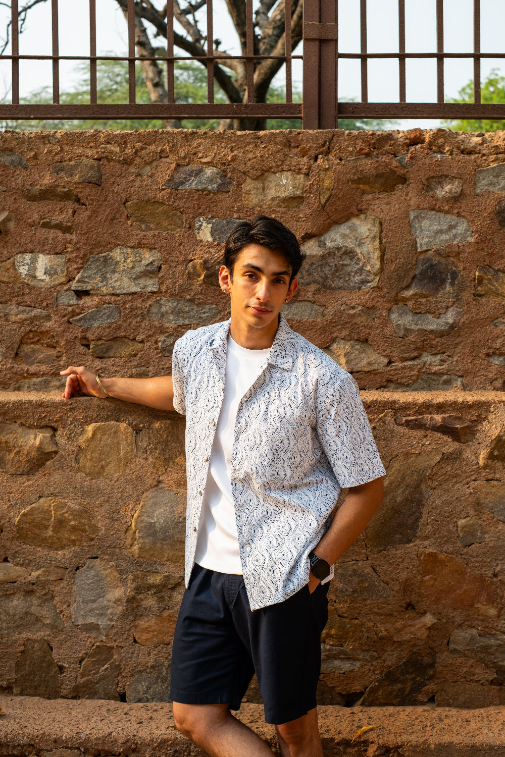 Printed Organic Cotton Bush Shirt ~ Blue Dots