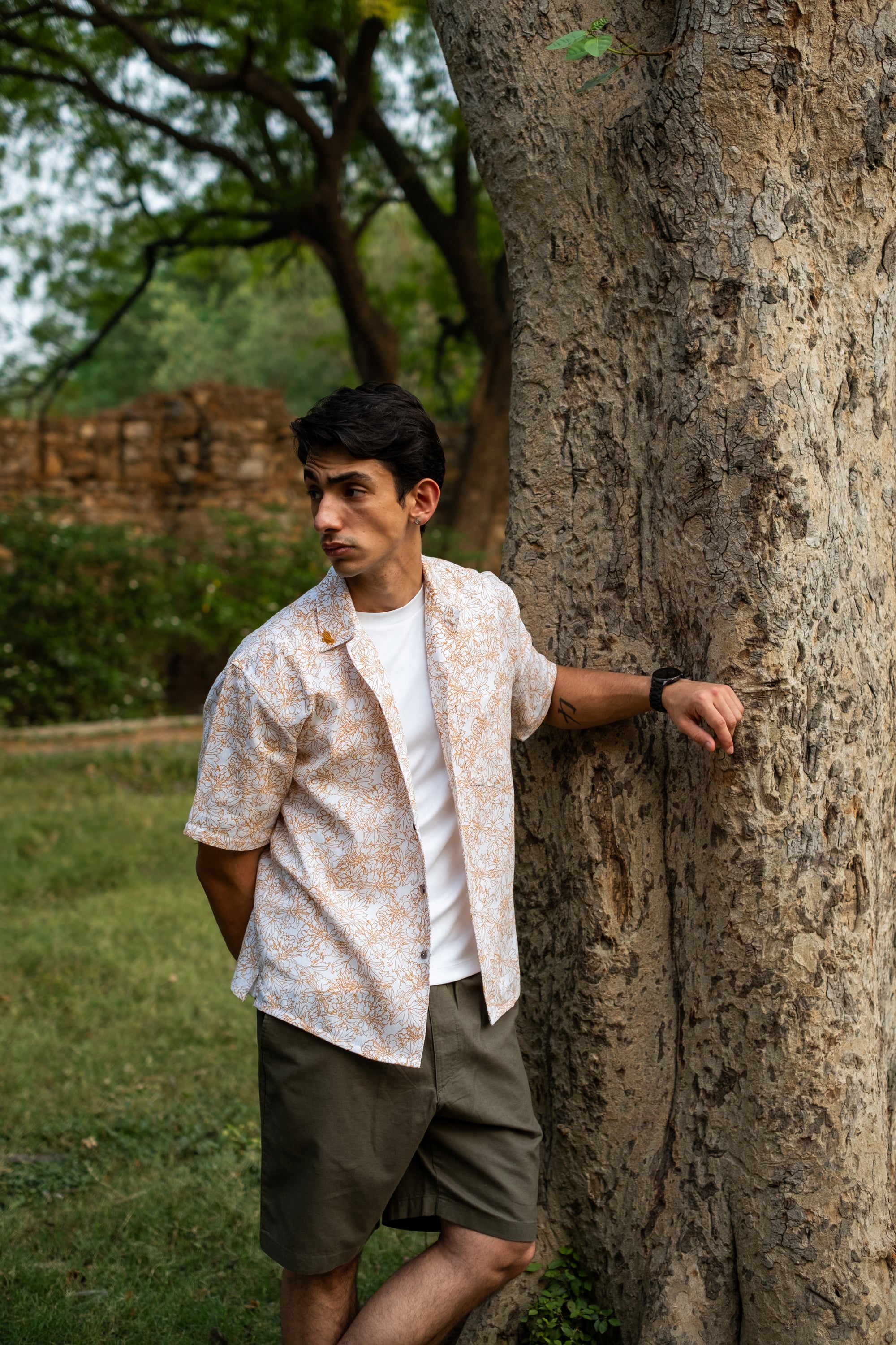 Printed Organic Cotton Bush Shirt ~ Mustard