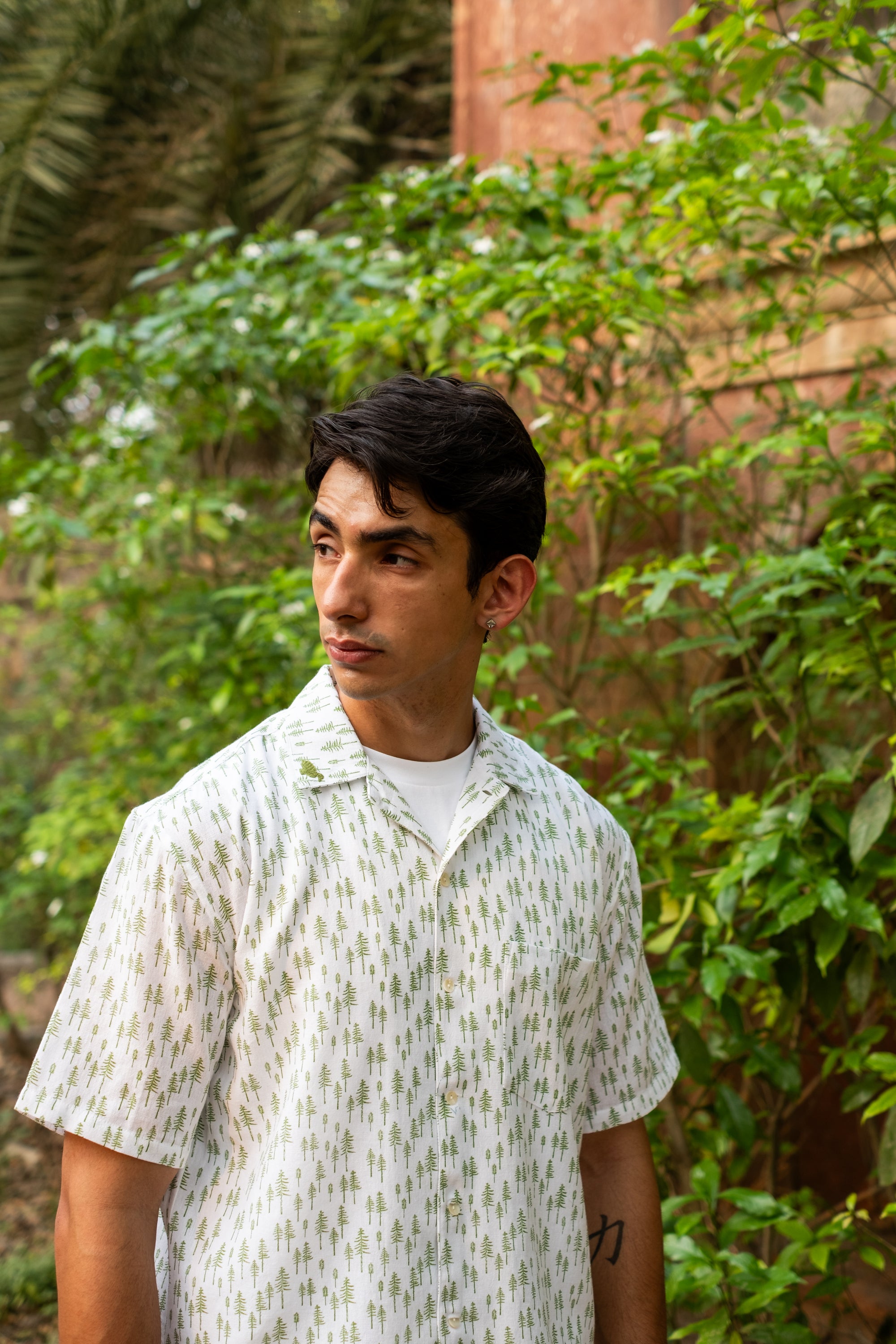 Printed Organic Cotton Bush Shirt ~ Green Tree