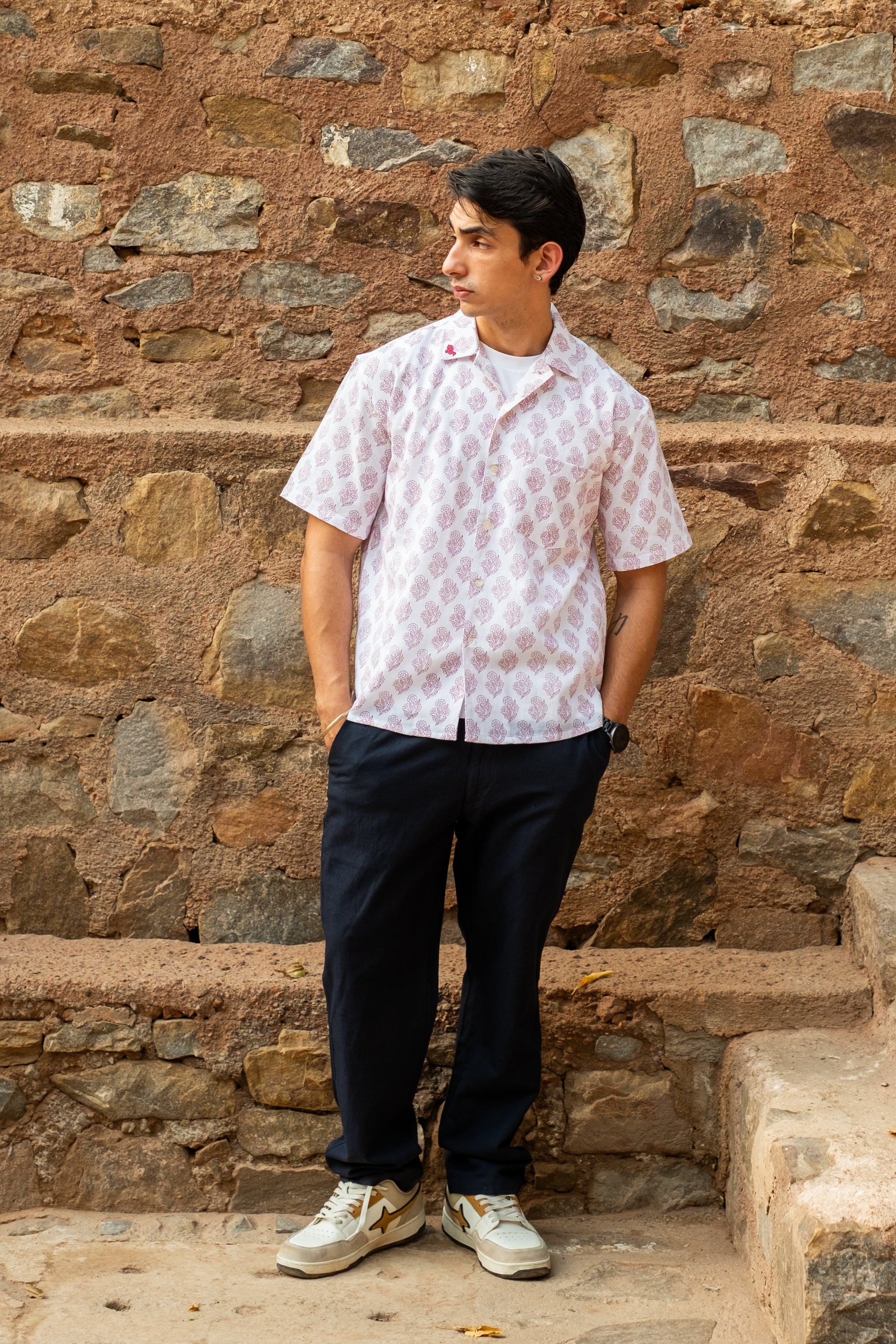 Printed Organic Cotton Bush Shirt ~ Pink