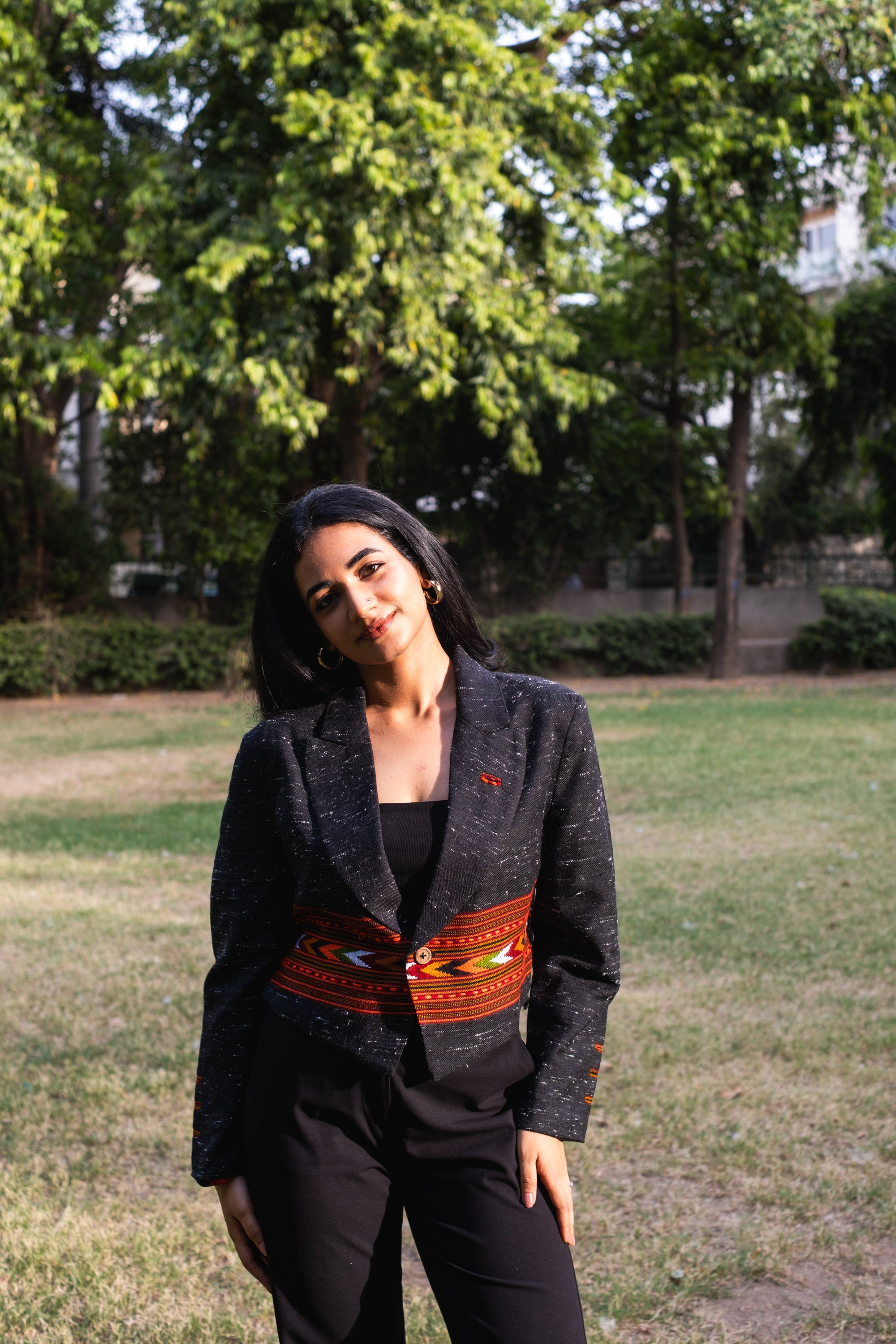 Monal Cropped Suit Jacket ~ Snow Flake Black