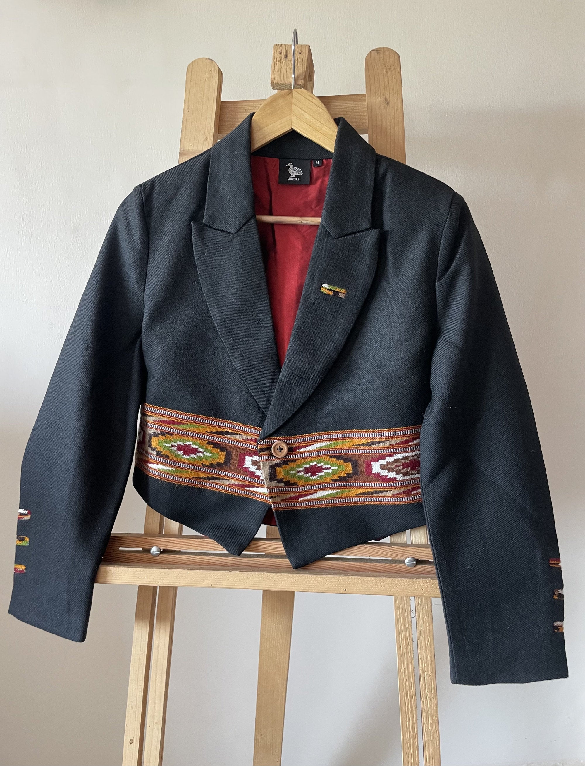 Monal Cropped Suit Jacket ~ Black with Brown Border