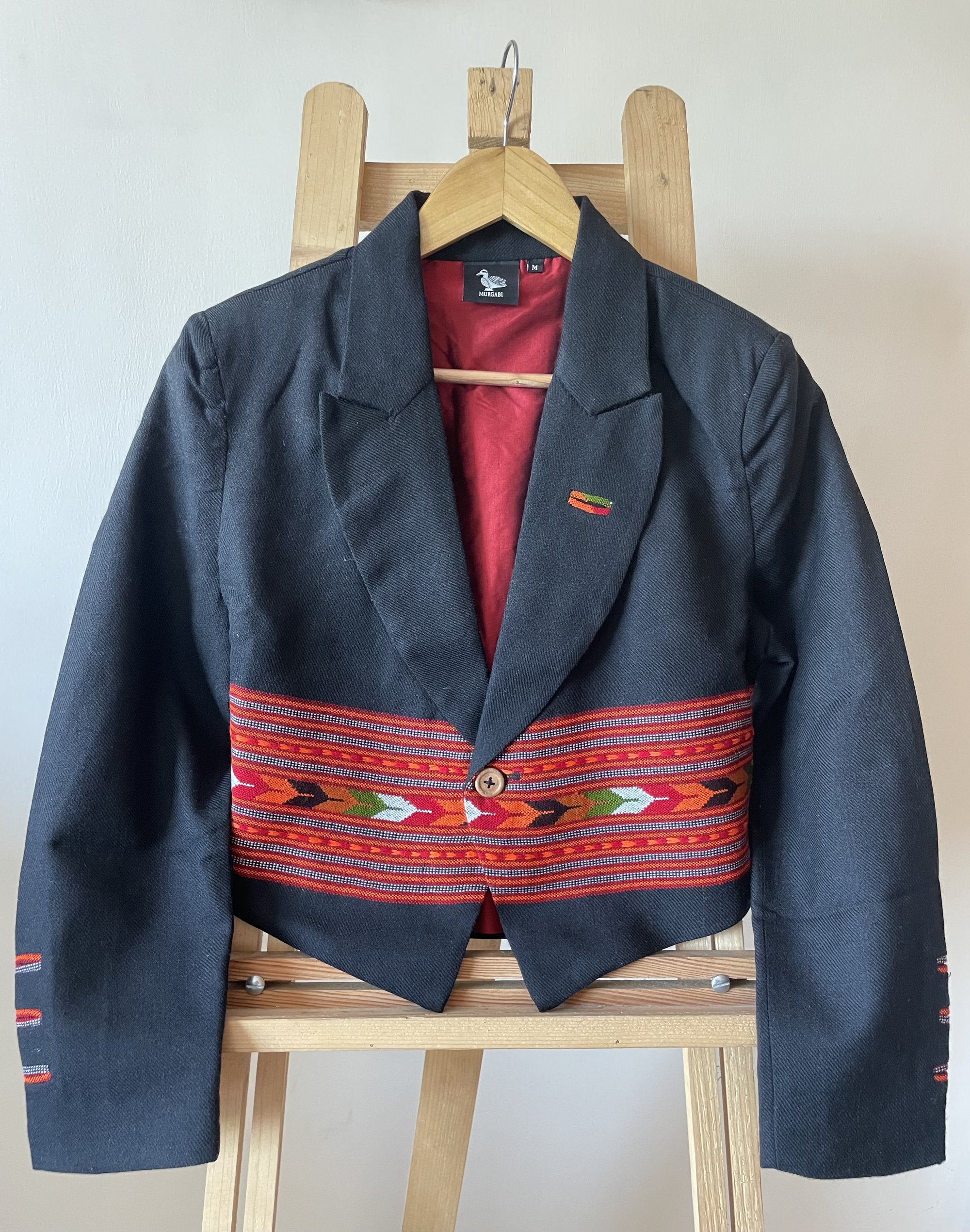 Monal Cropped Suit Jacket ~ Black with Multicoloured Border
