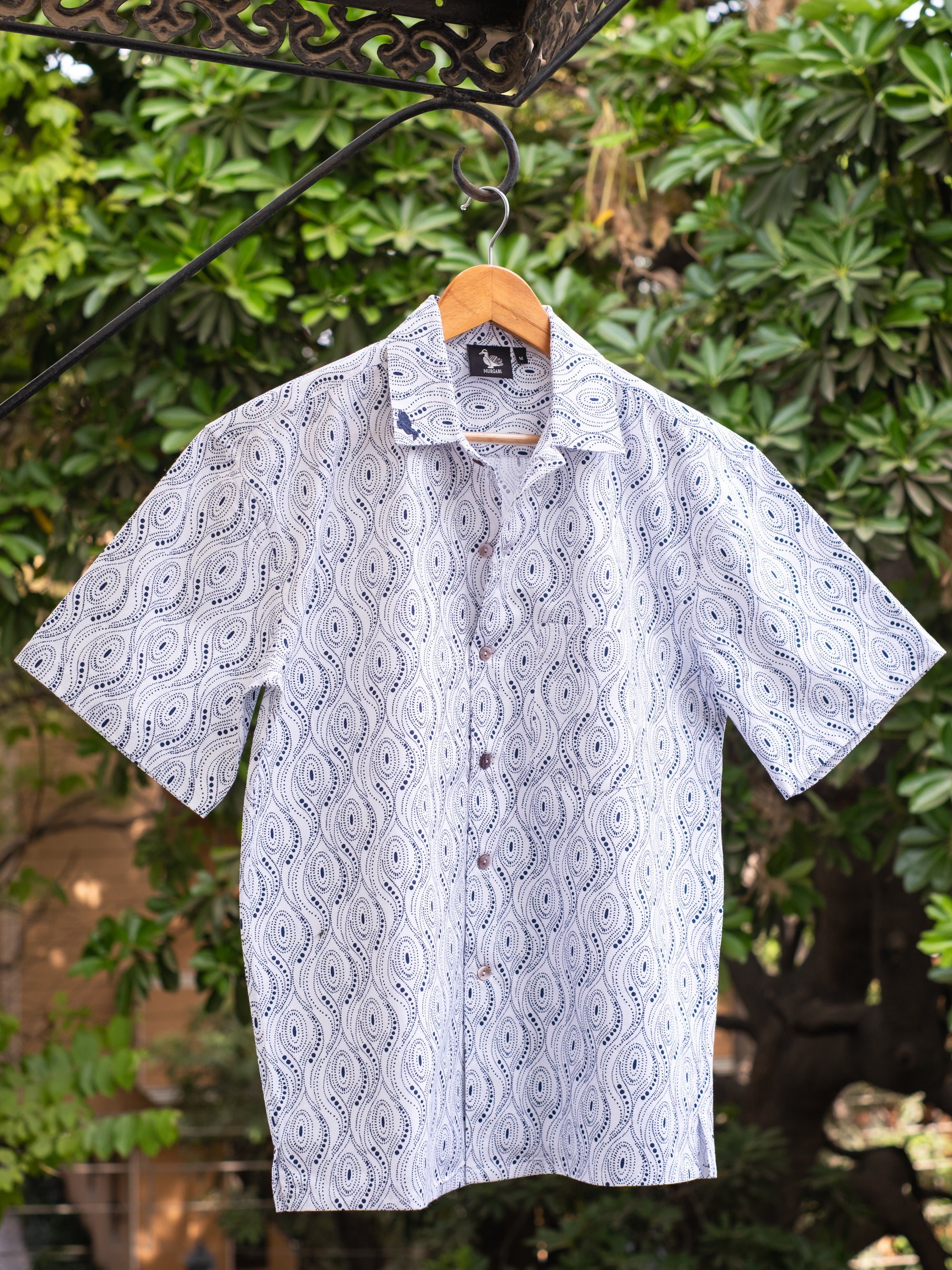 Printed Organic Cotton Bush Shirt ~ Blue Dots
