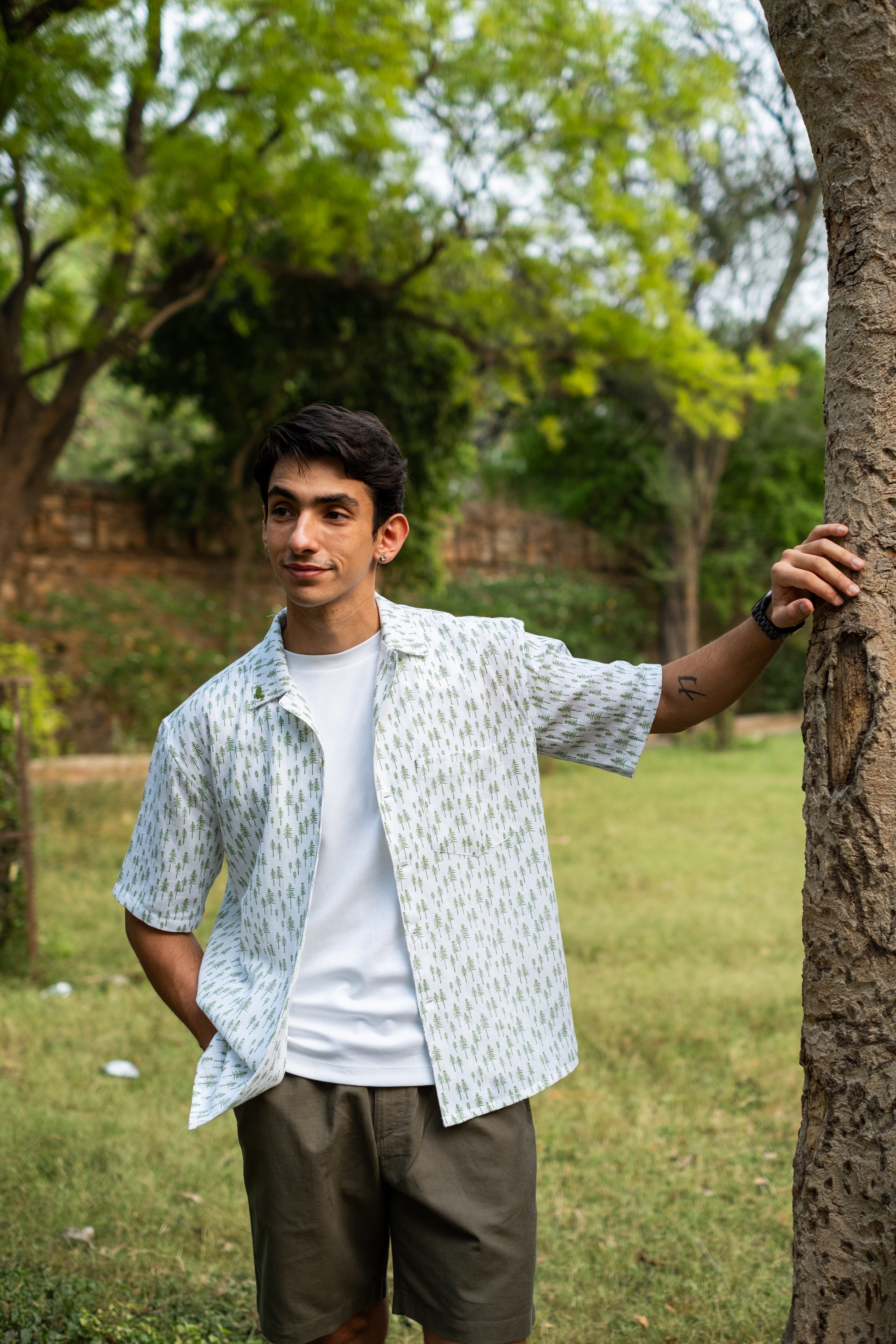 Printed Organic Cotton Bush Shirt ~ Green Tree