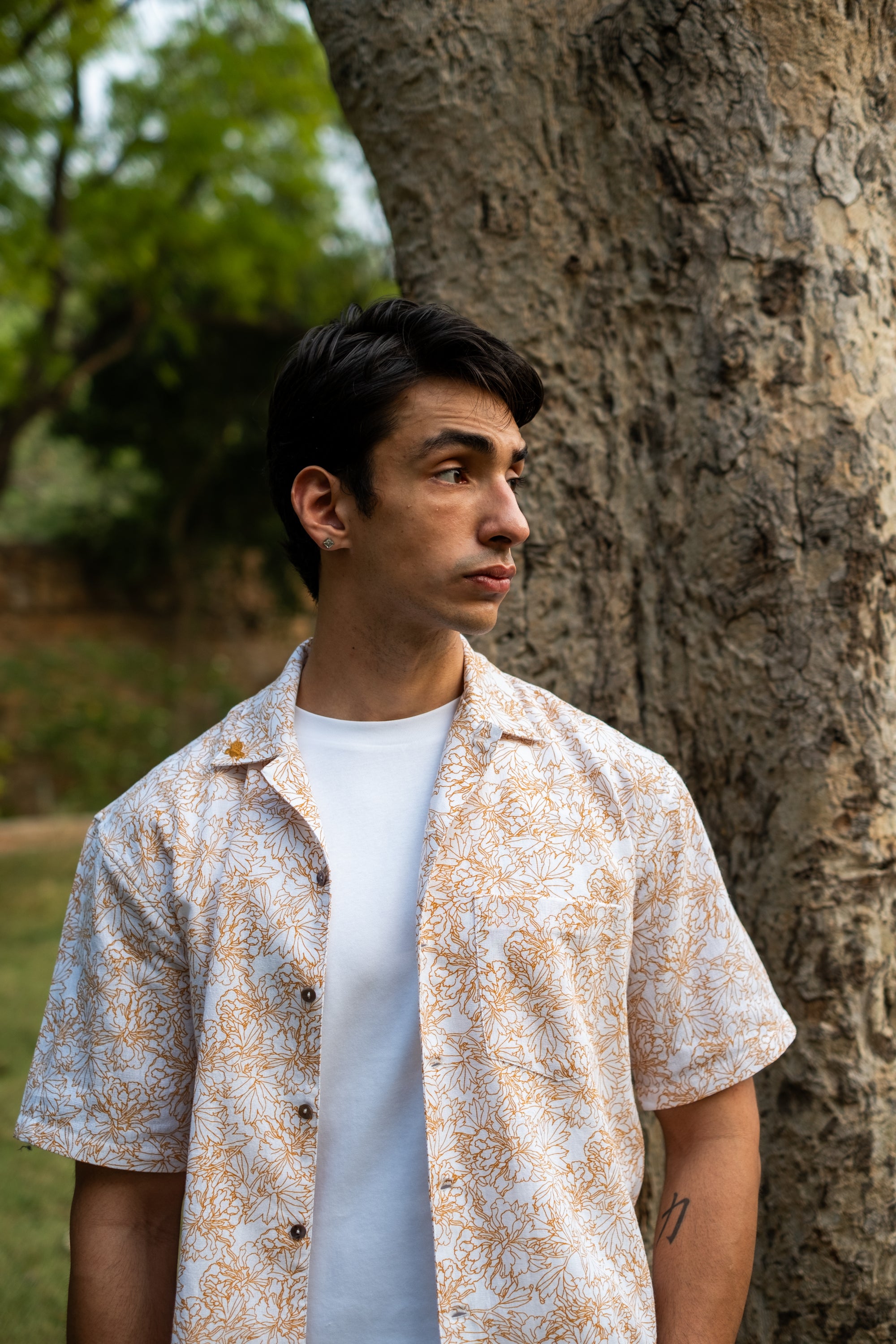 Printed Organic Cotton Bush Shirt ~ Mustard