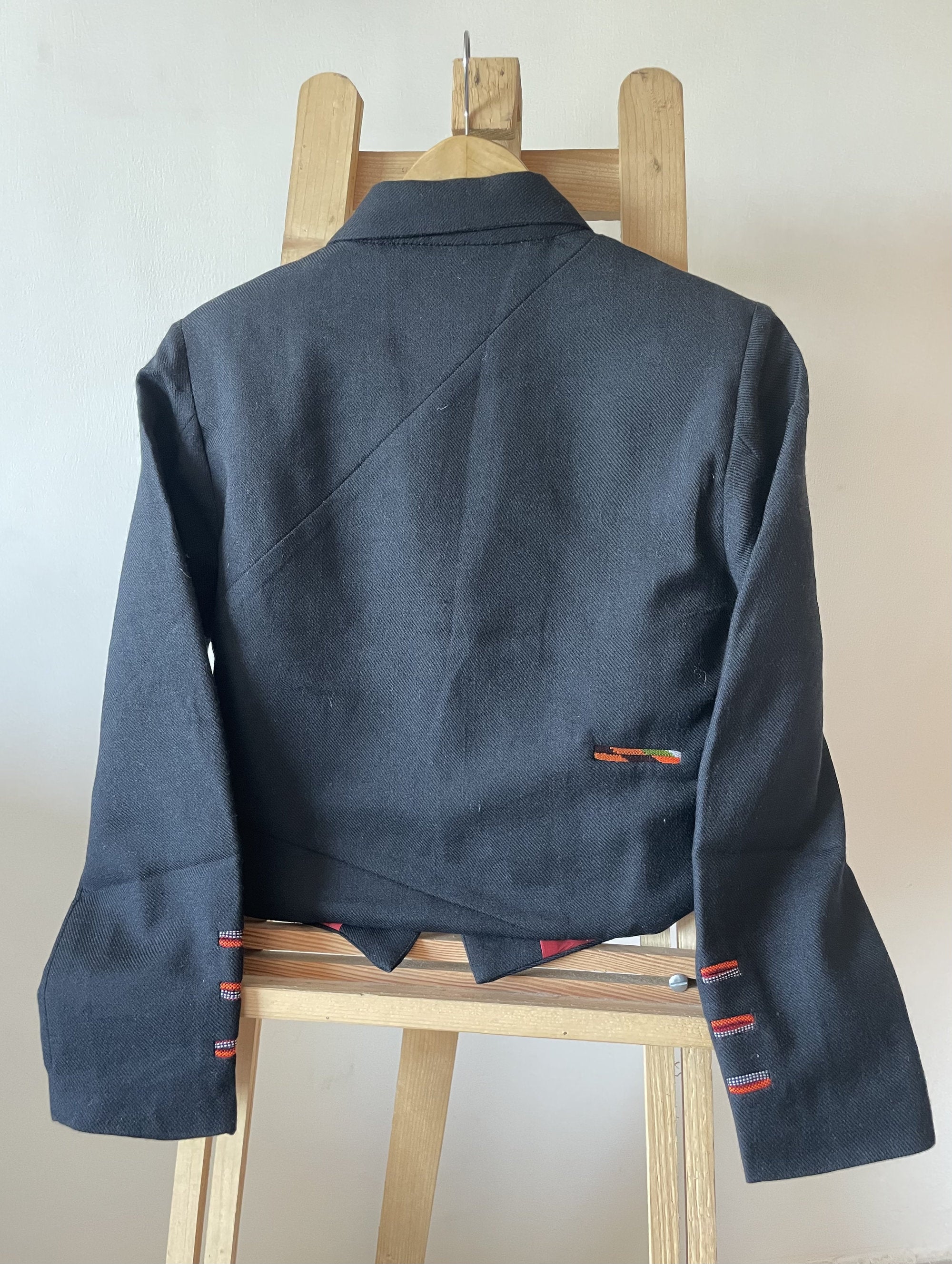Monal Cropped Suit Jacket ~ Black with Multicoloured Border