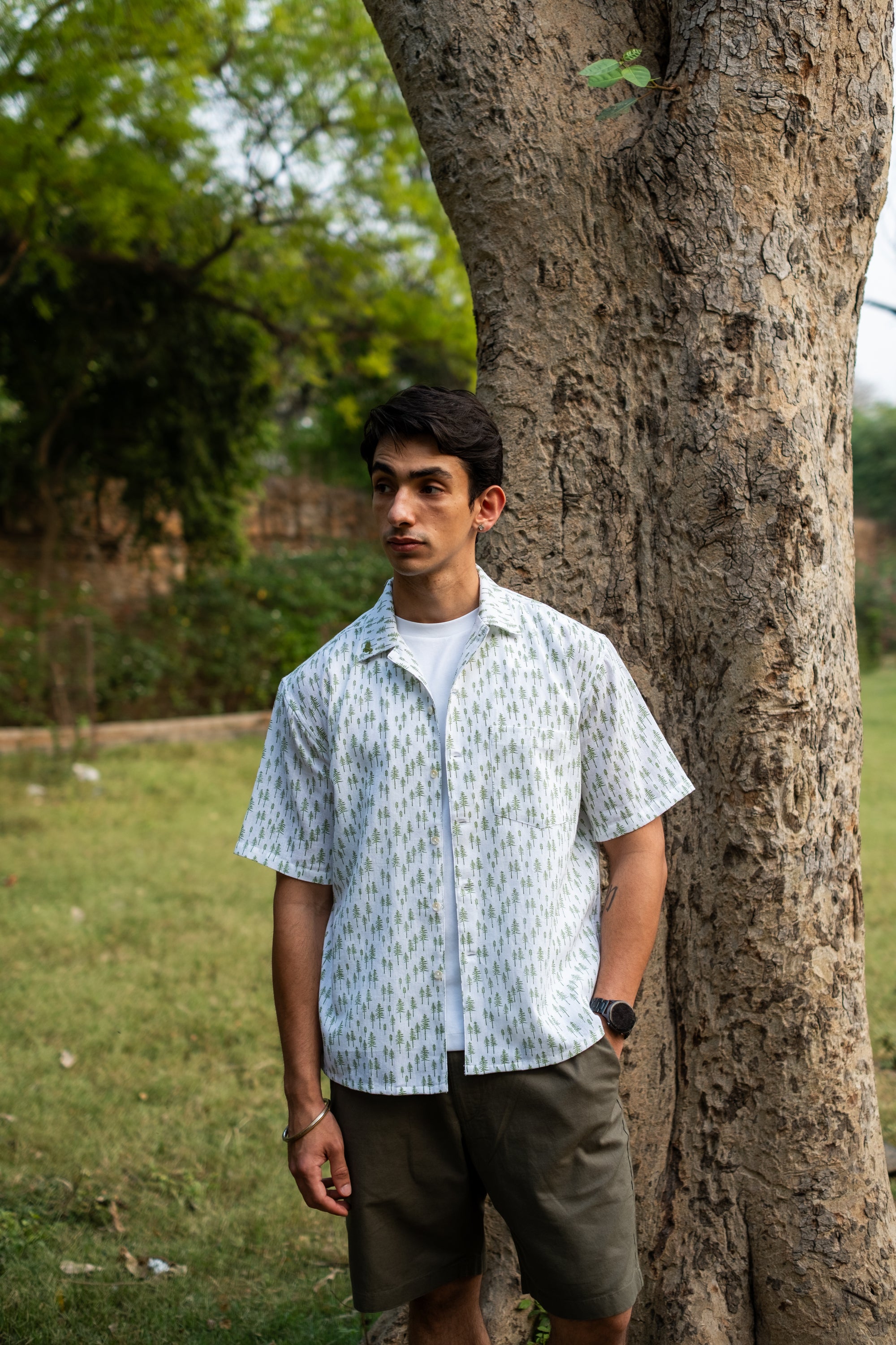 Printed Organic Cotton Bush Shirt ~ Green Tree