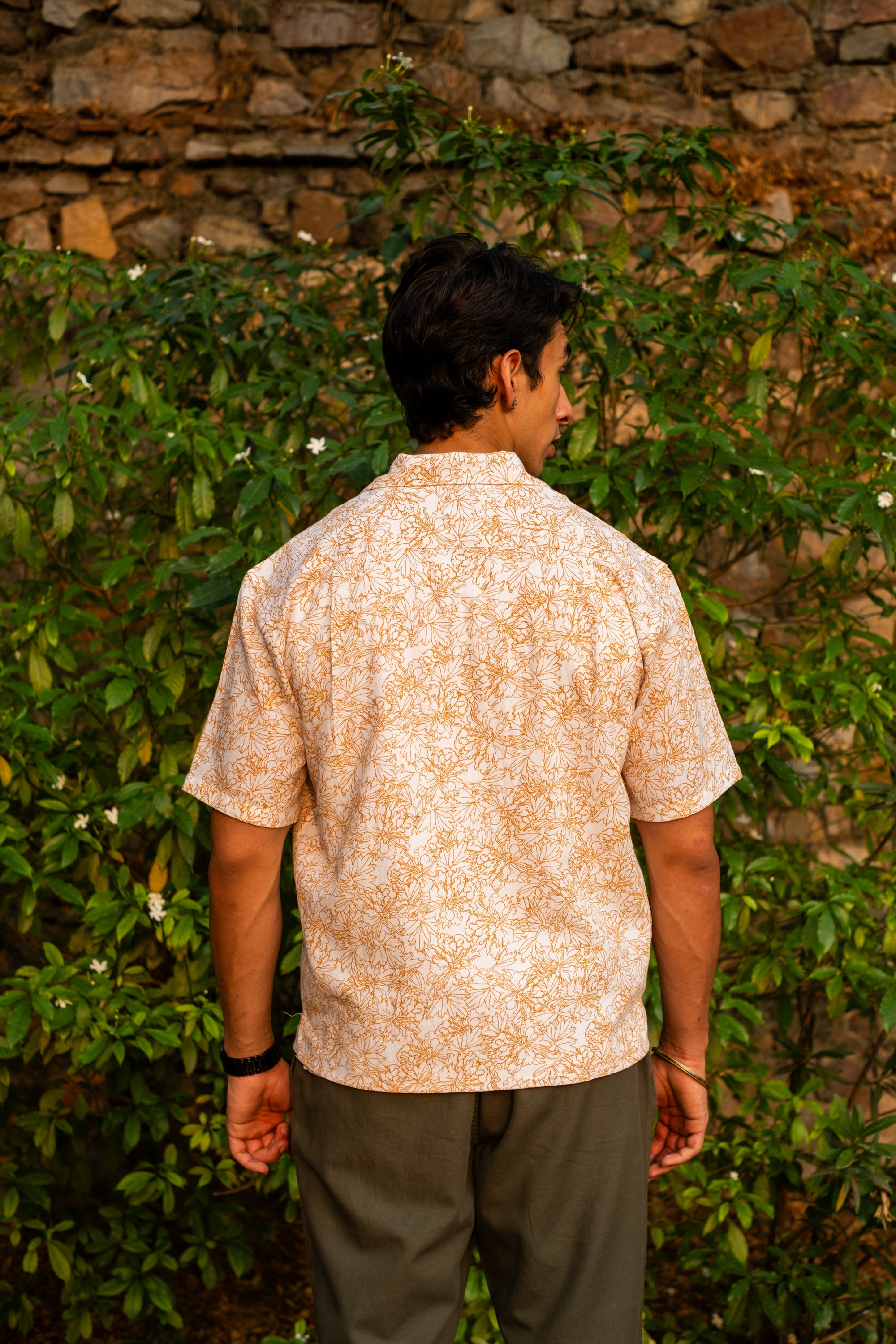 Printed Organic Cotton Bush Shirt ~ Mustard