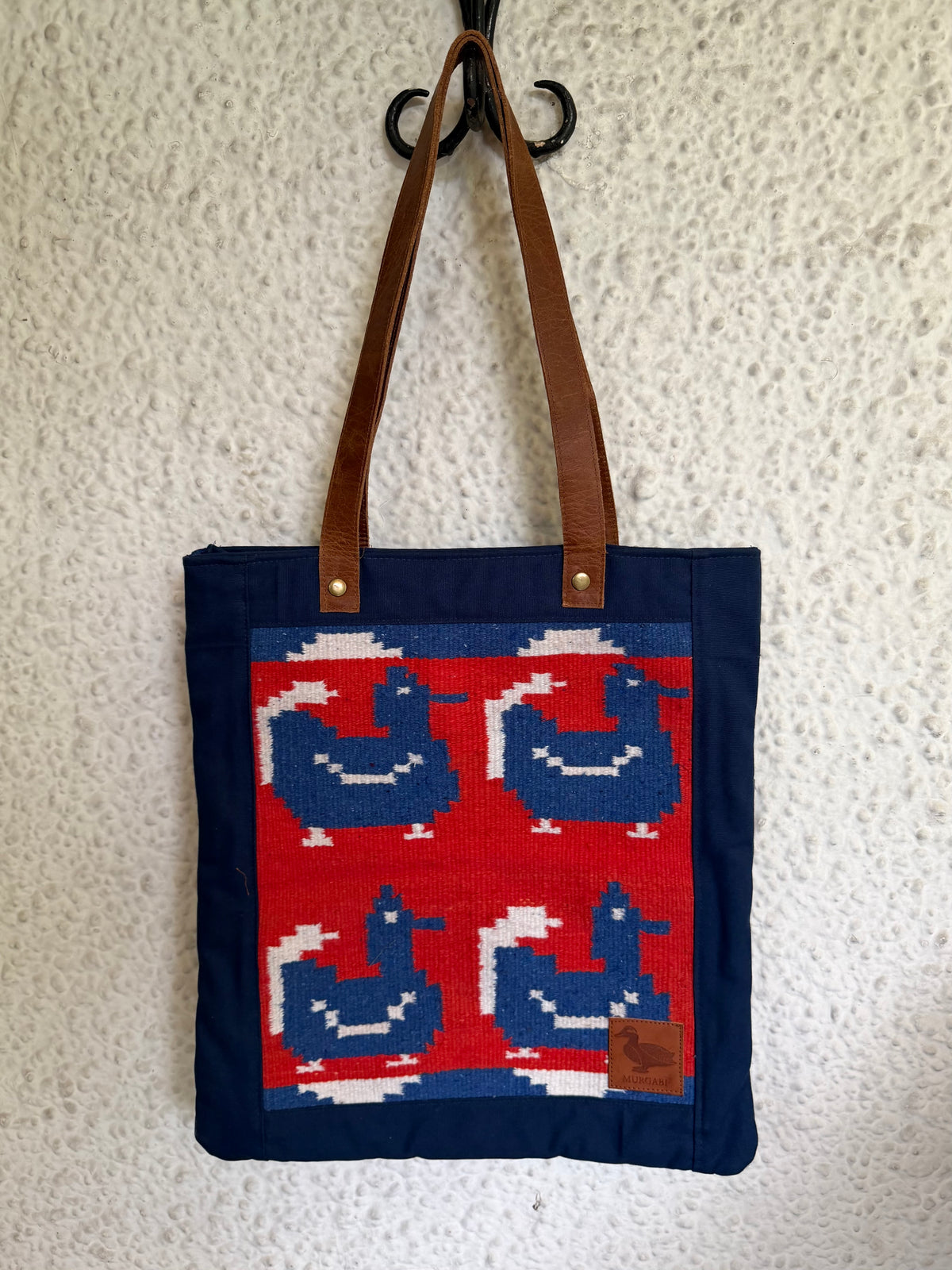 Dupki ~ Woven Ducks on Blue Canvas Tote