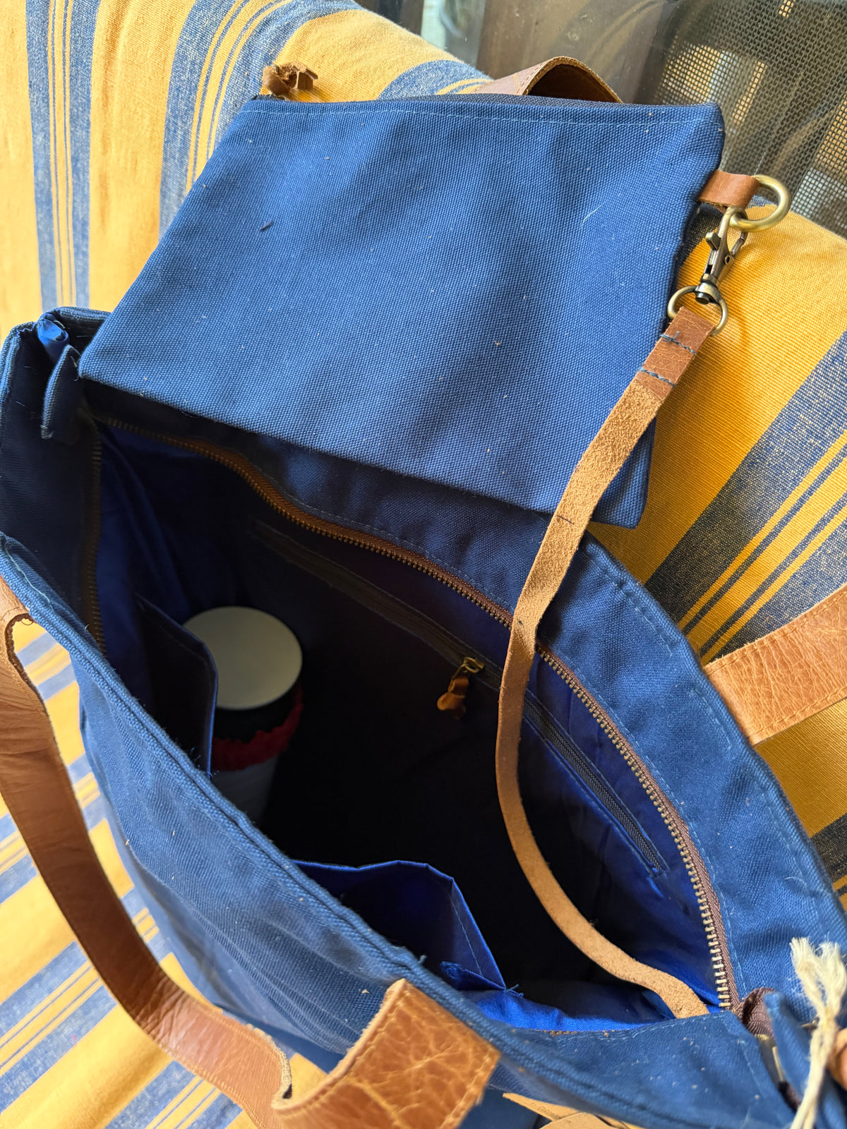 Dupki ~ Woven Ducks on Blue Canvas Tote