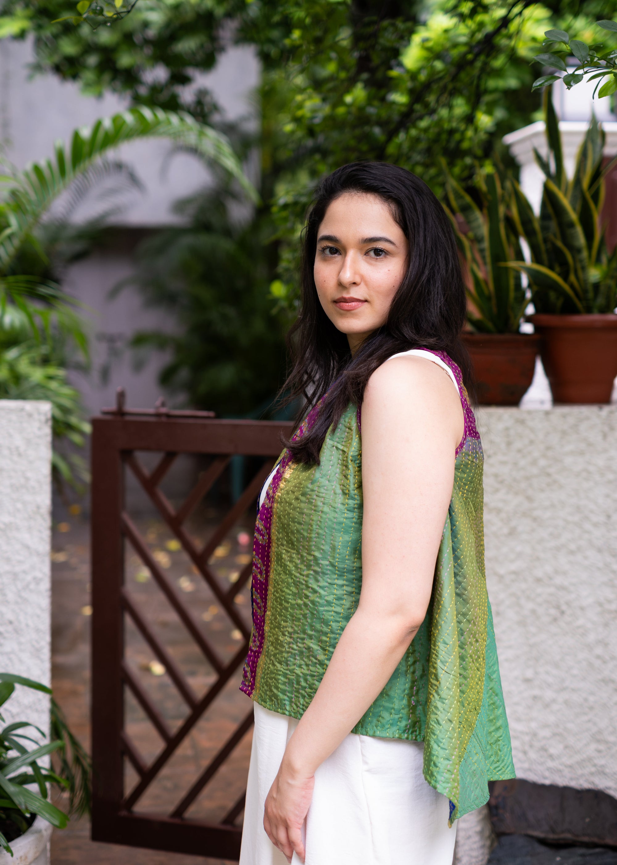 Kantha Silk Patchwork Overlay-Bluegreen(S)