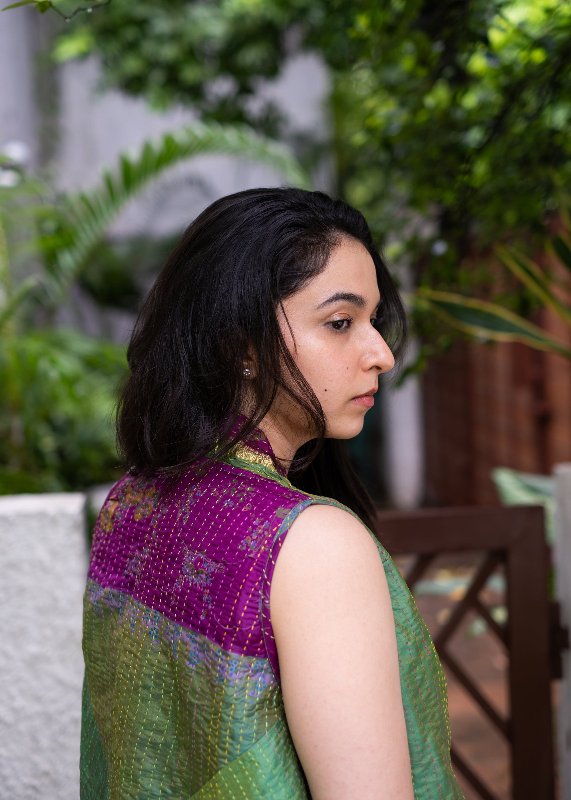 Kantha Silk Patchwork Overlay-Bluegreen(S)