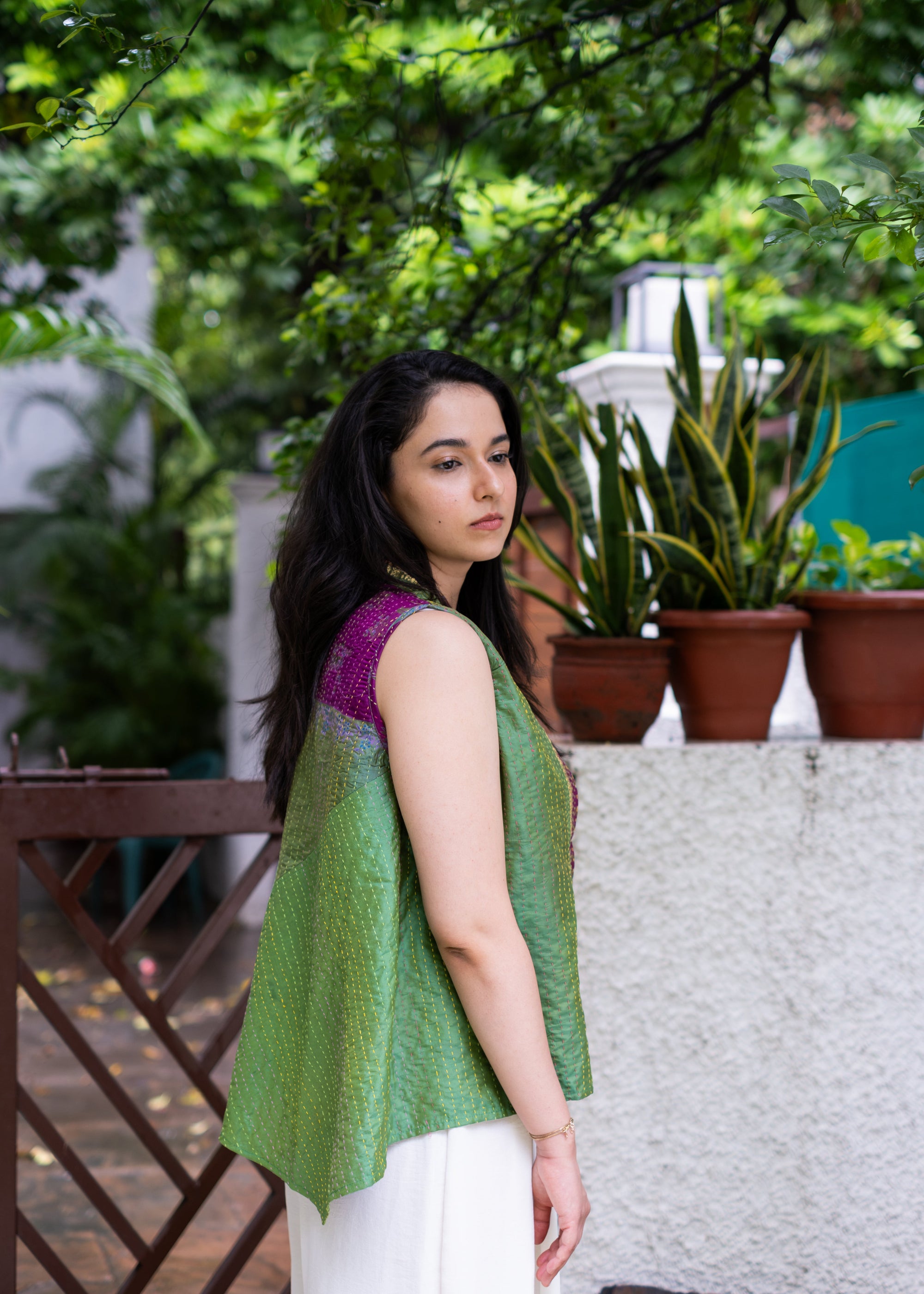 Kantha Silk Patchwork Overlay-Bluegreen(S)