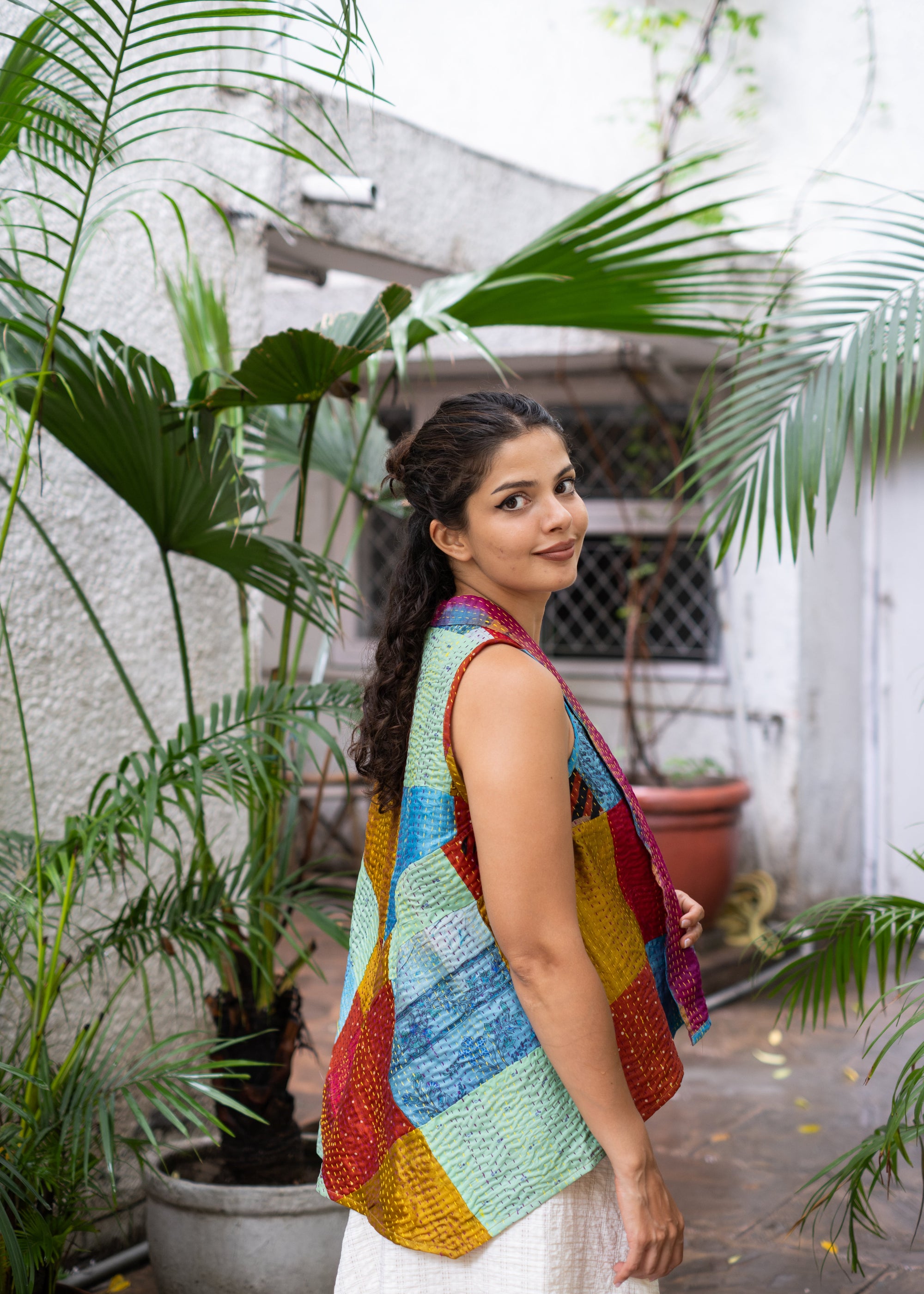 Kantha Silk Patchwork Overlay-RedBluePink(L)