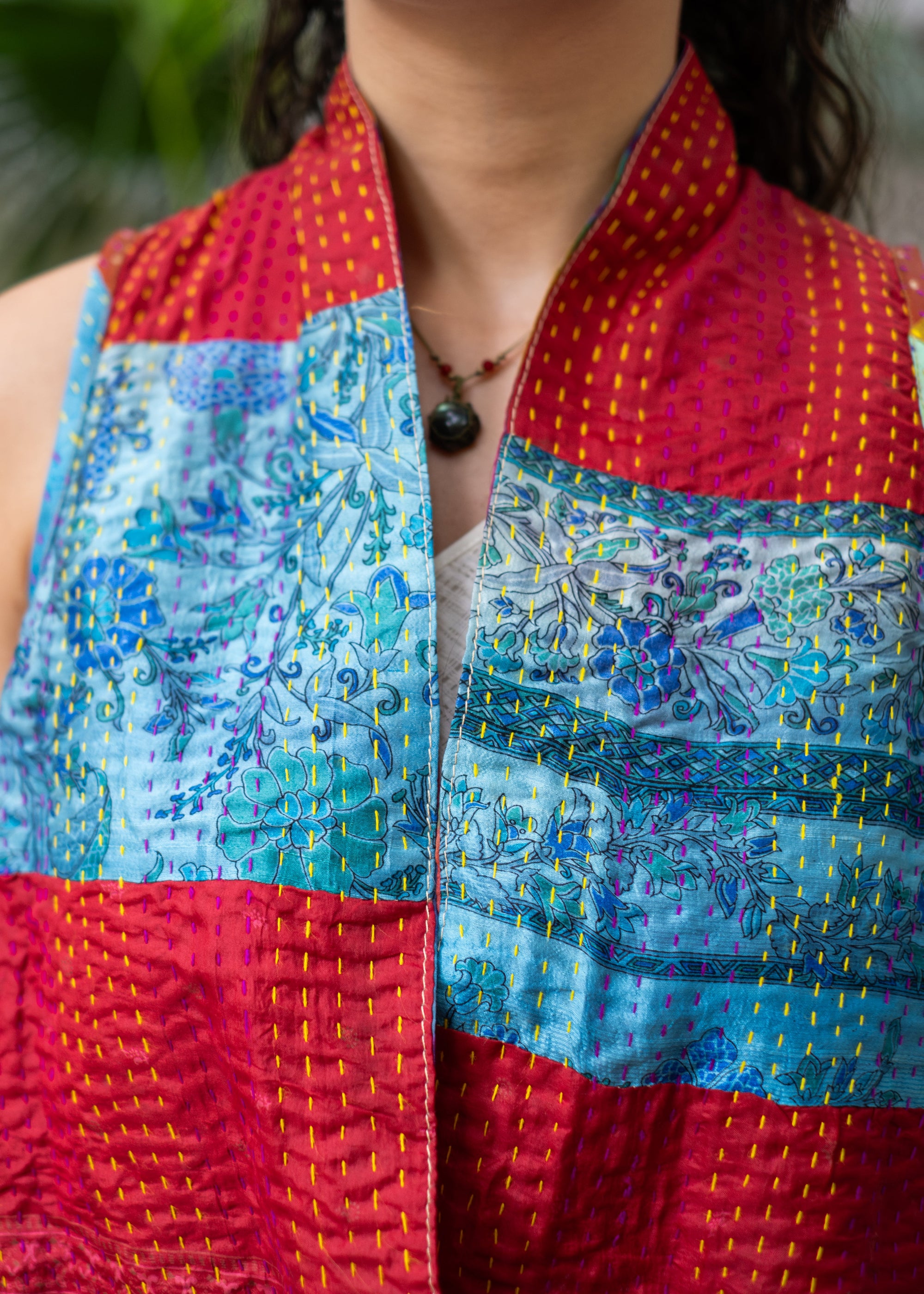 Kantha Silk Patchwork Overlay-RedBluePink(L)