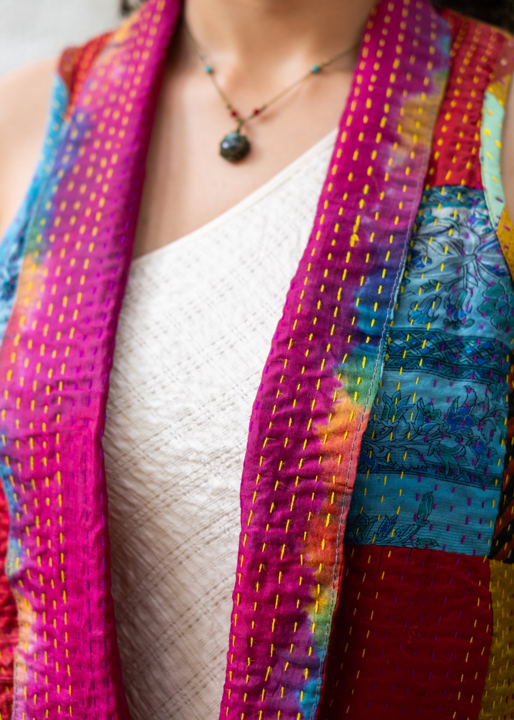 Kantha Silk Patchwork Overlay-RedBluePink(L)