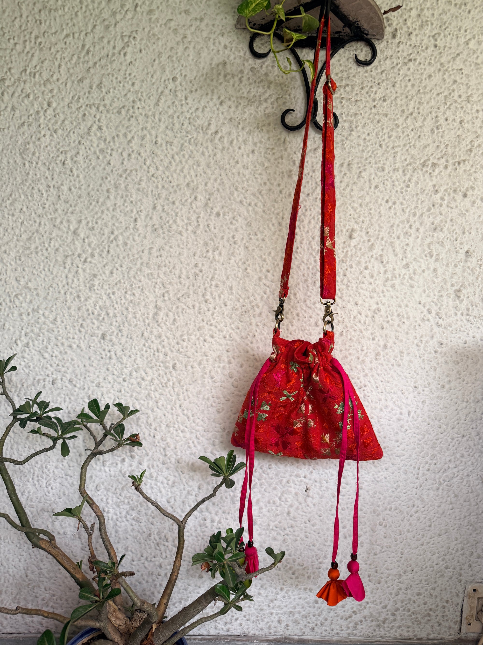 Phulkari Potli Bag~Dark Pink